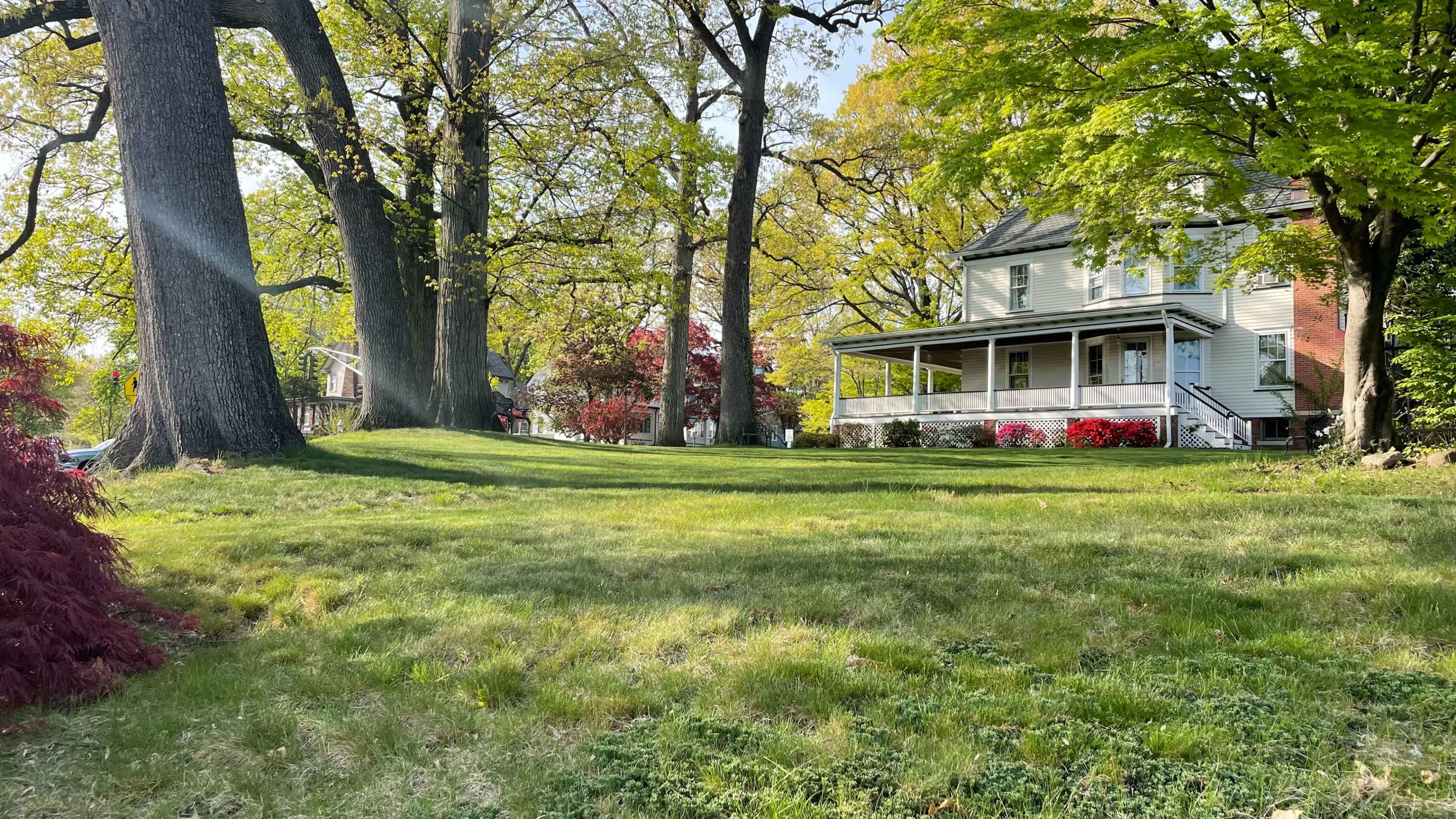 A large house with a porch is surrounded by lush green grass and several trees, with colorful plants in the foreground.