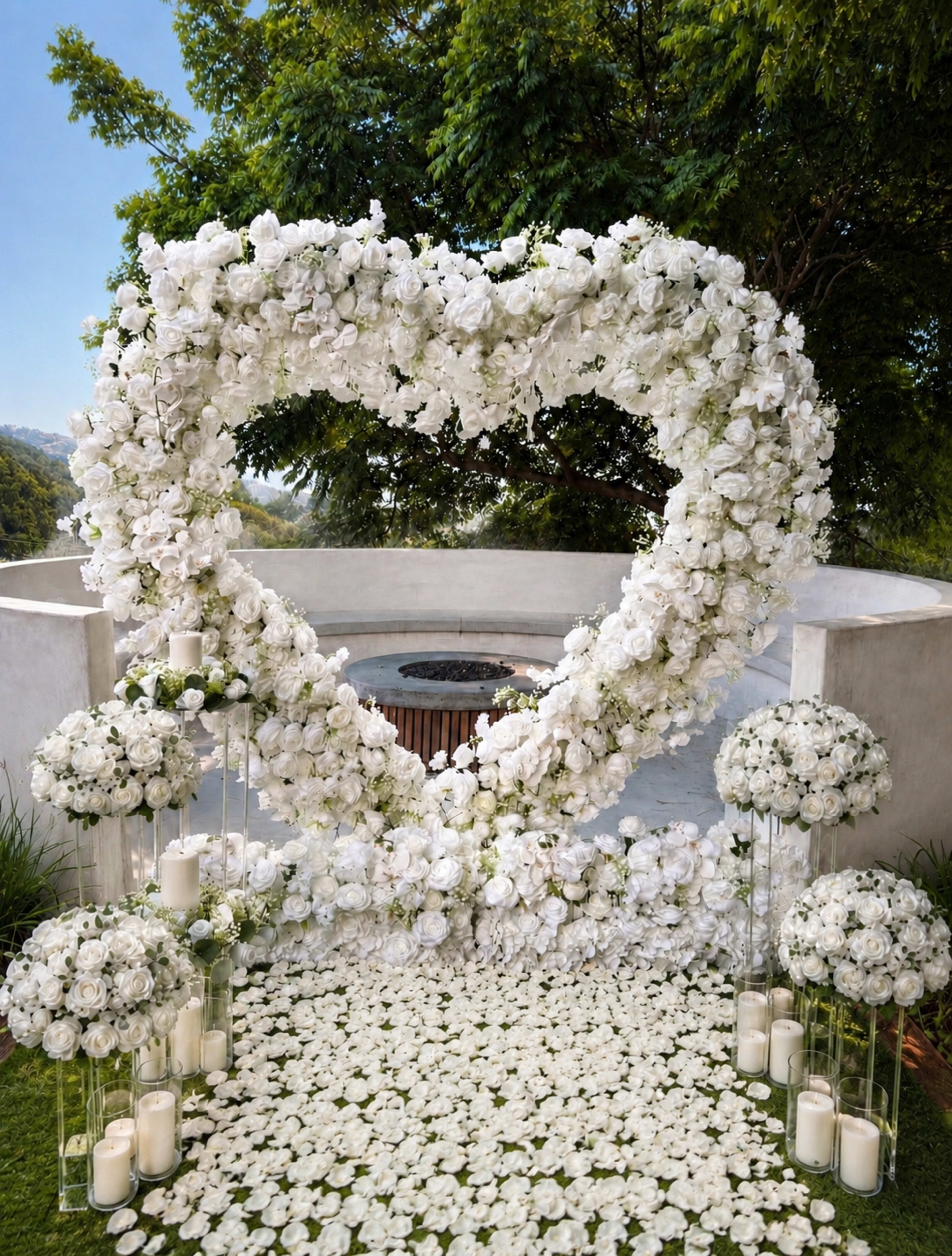 A large heart-shaped floral arrangement made of white roses is set against a scenic outdoor backdrop, with white flower petals scattered along the path and candle lanterns placed in glass containers.