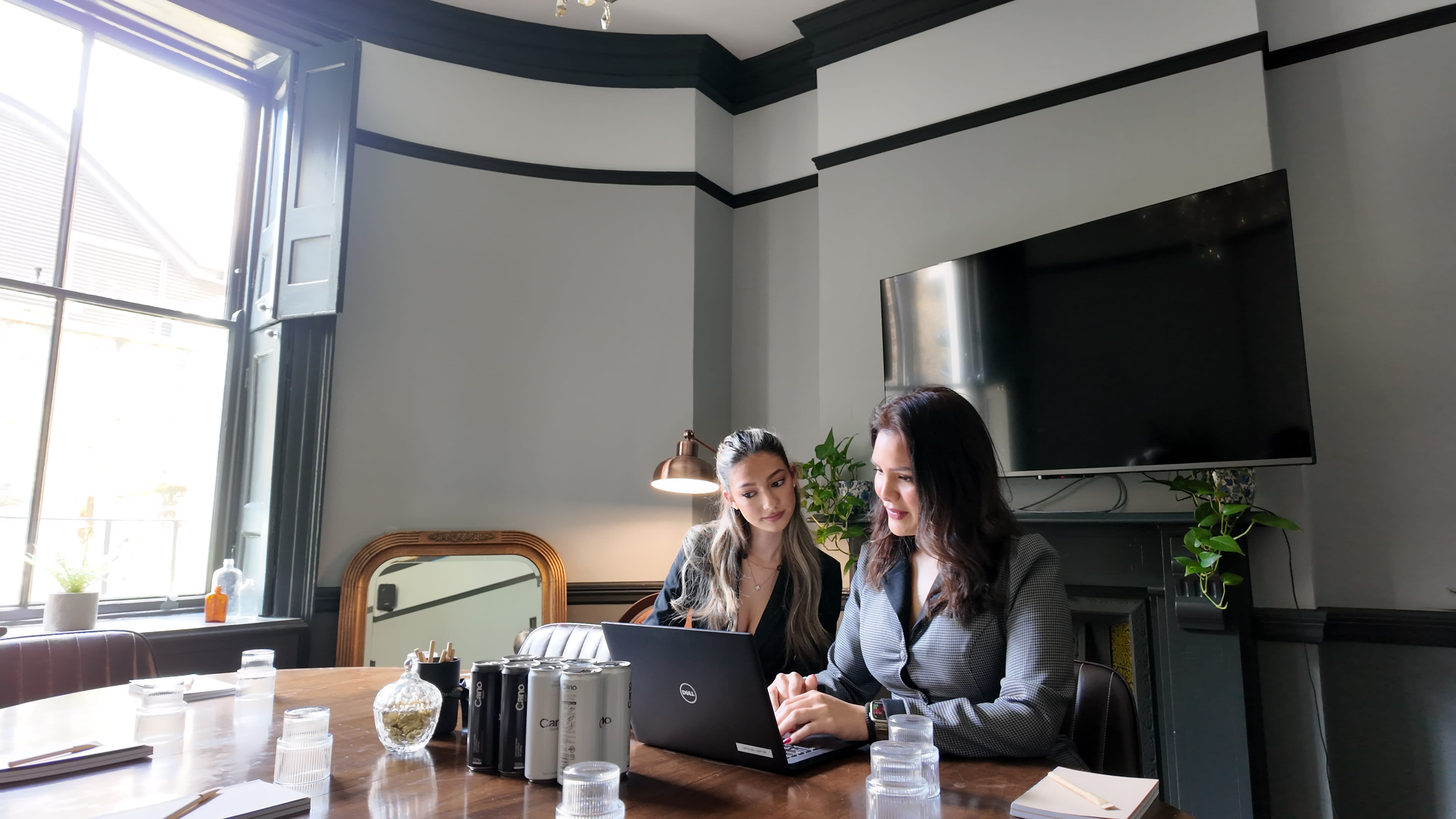 Two women are seated at a wooden table, working on a laptop in a well-lit, modern office space with plants and a large window.