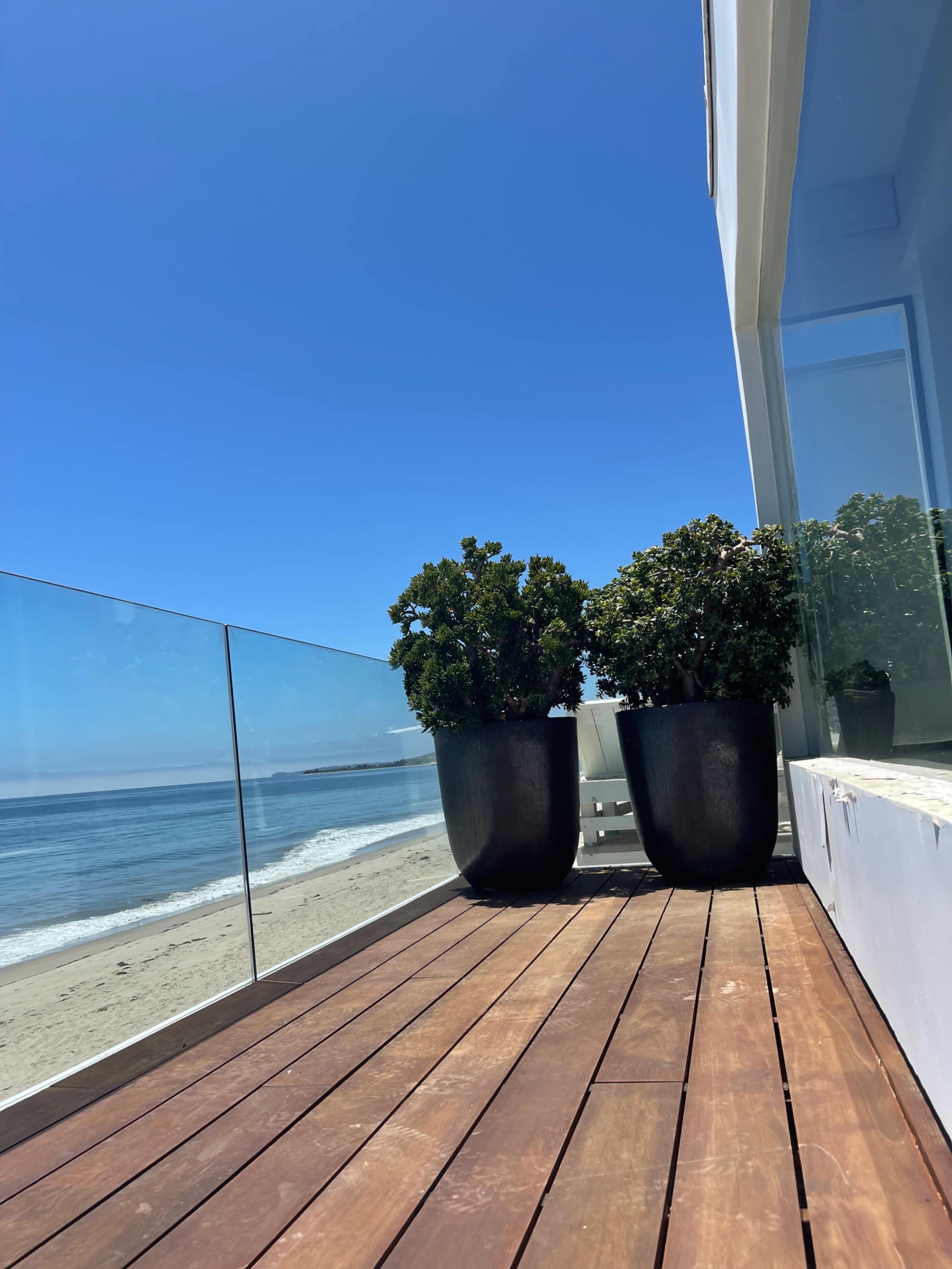 A wooden deck overlooks a beach with two large potted plants beside a glass railing.