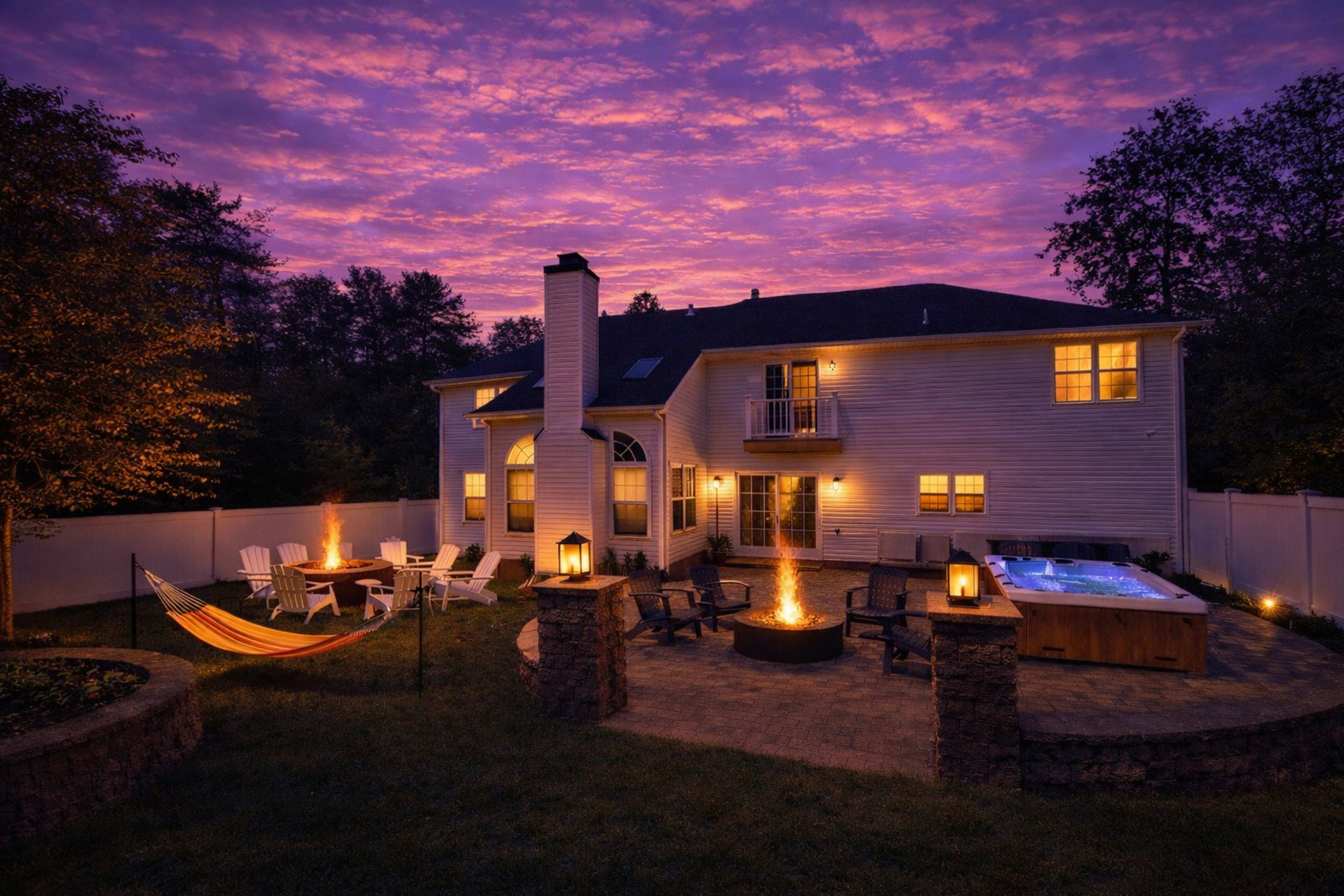 A well-lit backyard scene features a fire pit, seating area, hot tub, and a hammock, all set against a vibrant purple sky at dusk.