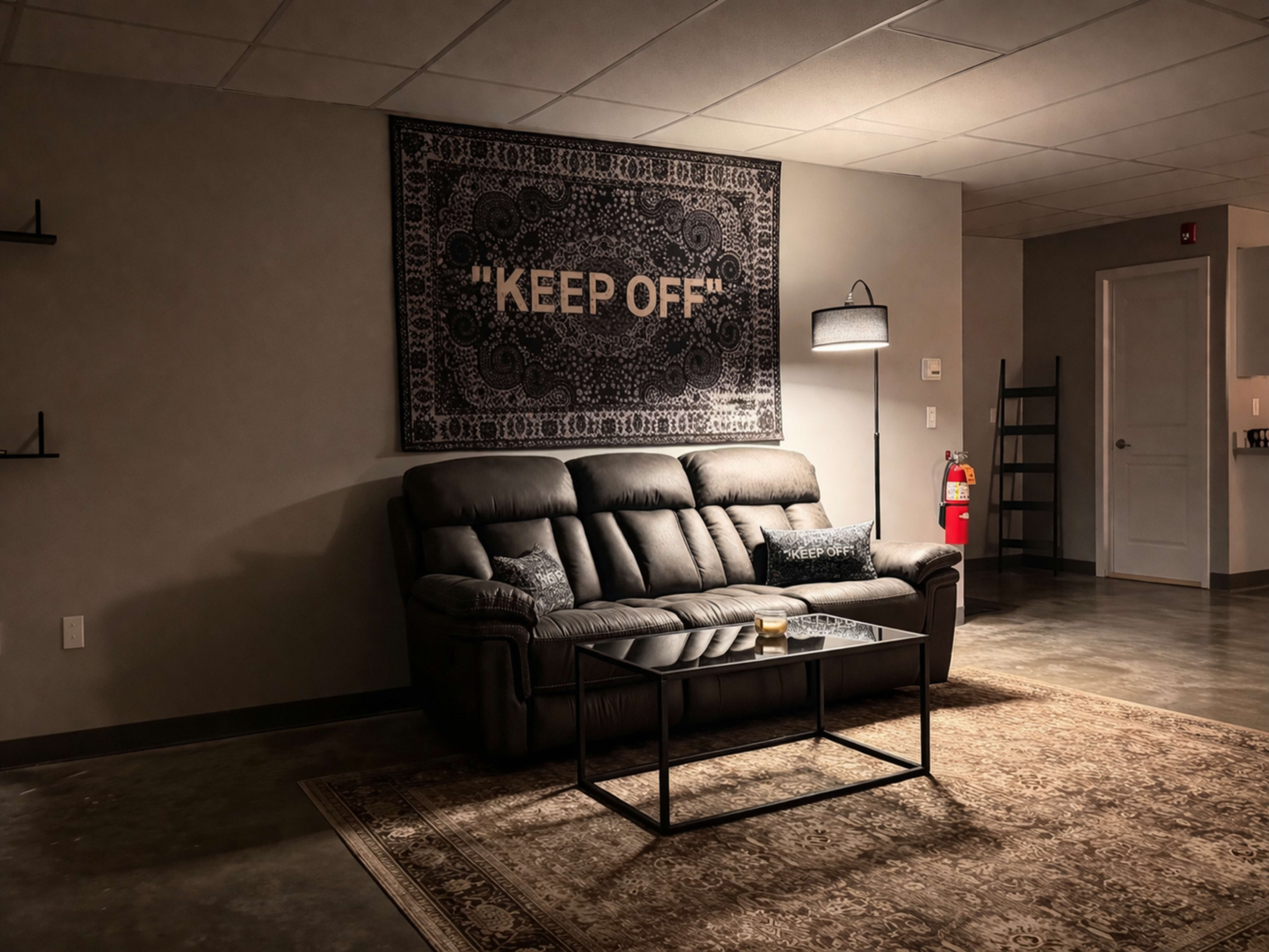 The room features a dark leather couch, a coffee table, and a wall hanging that reads "KEEP OFF," with a fire extinguisher visible in the background.