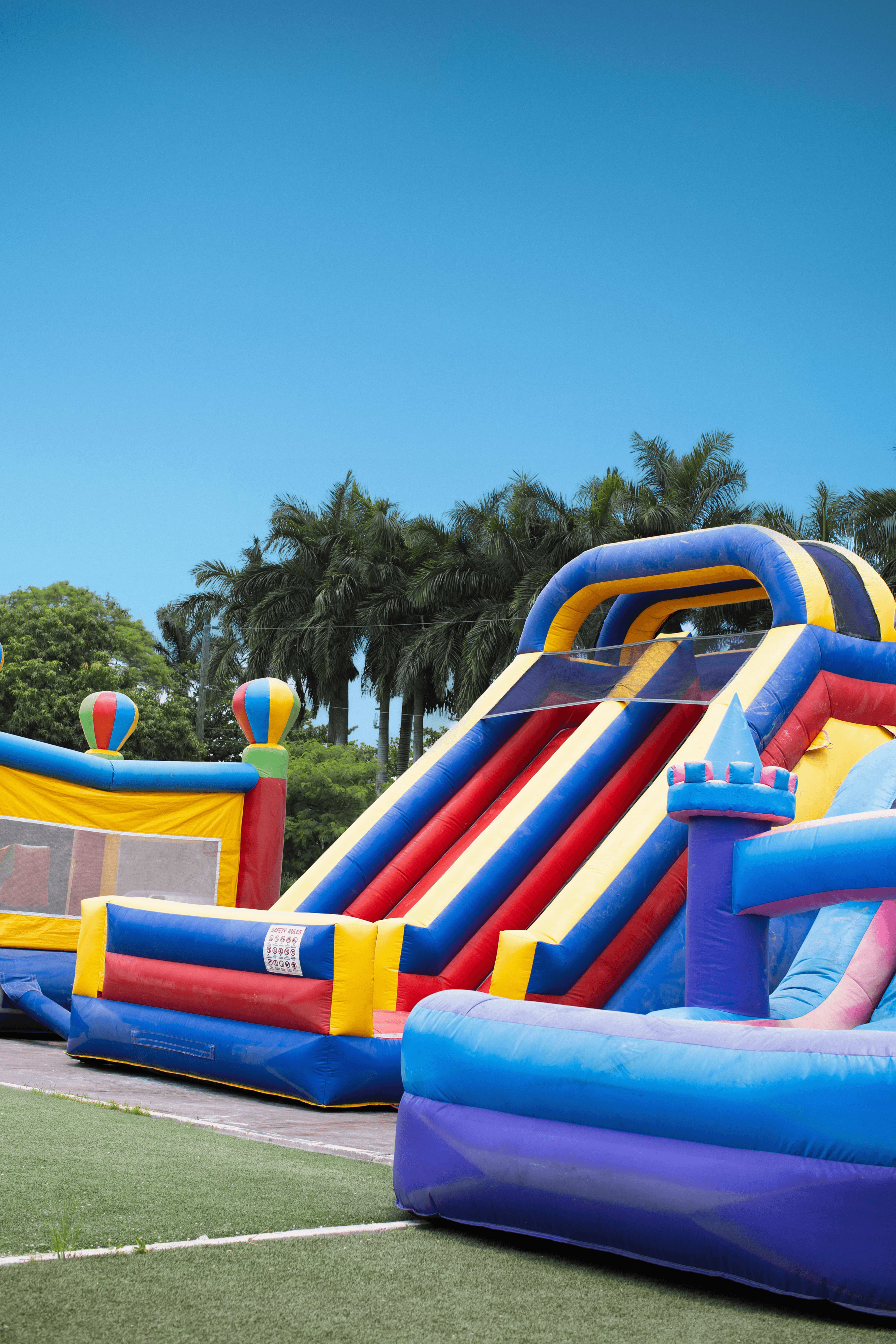 The image shows a colorful inflatable bounce house and slide set up on a grassy area, surrounded by palm trees against a clear blue sky.
