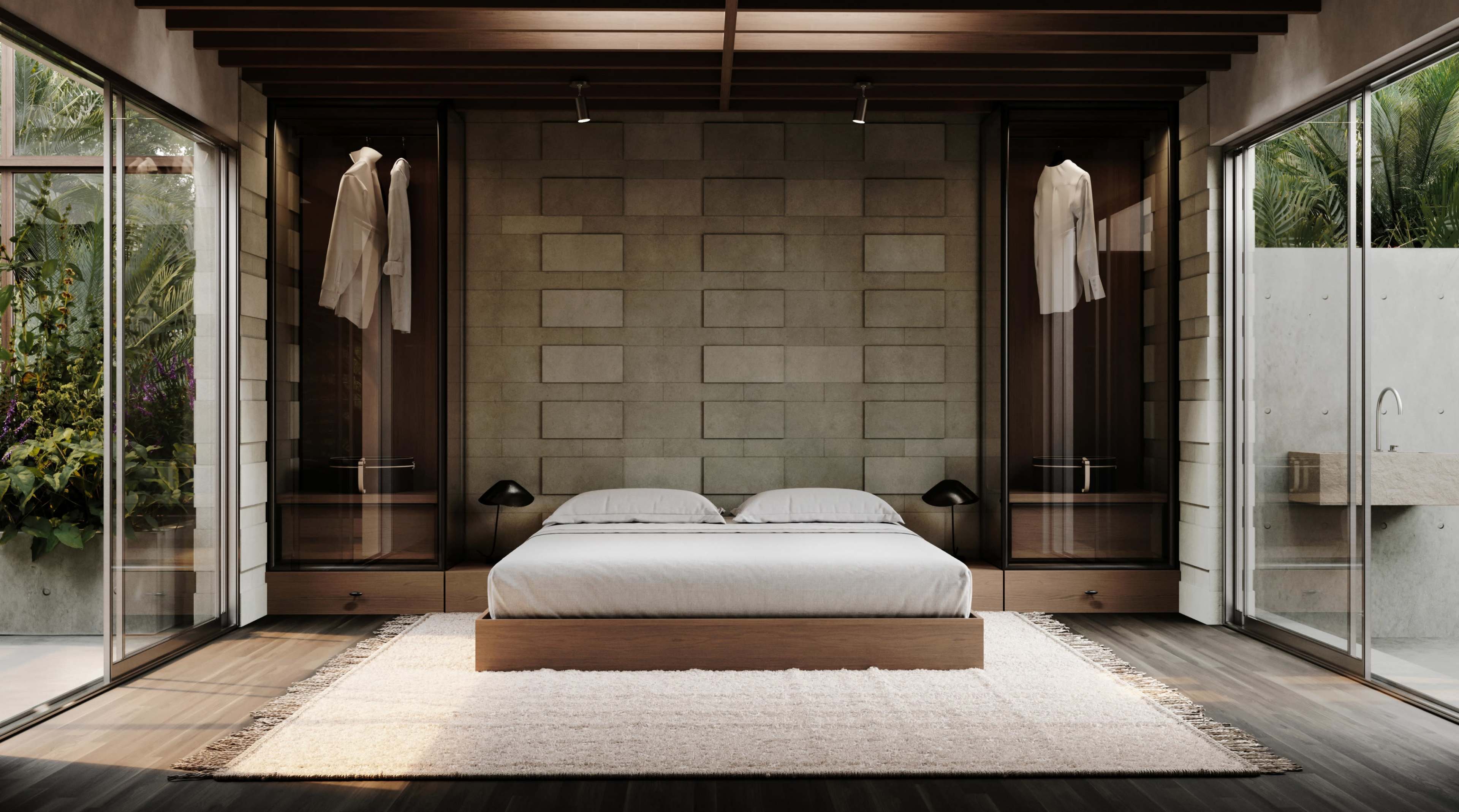 The image shows a modern bedroom with a wooden bed, concrete walls, glass enclosures displaying clothing, and large windows letting in natural light.