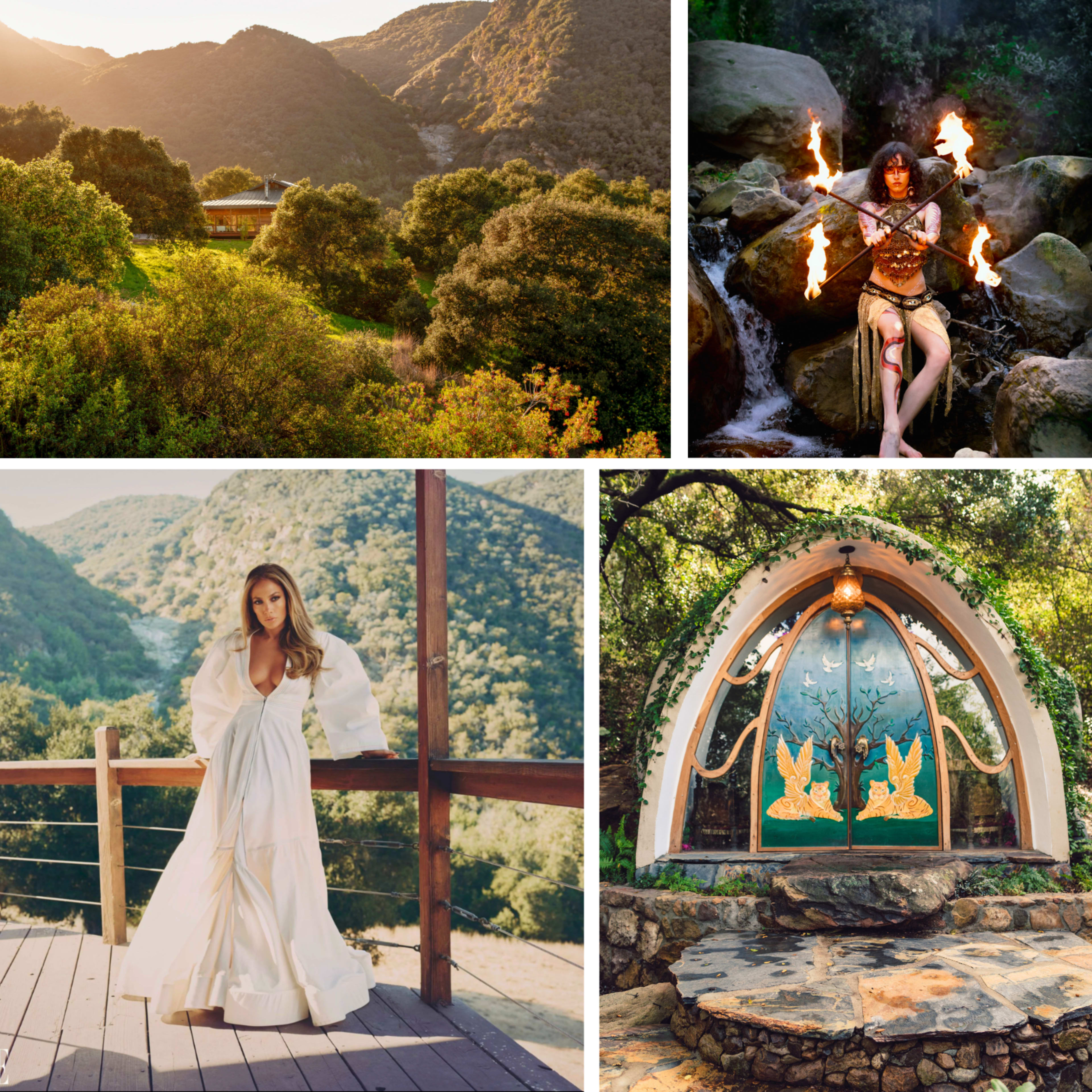 The image features four distinct scenes: a panoramic view of lush mountains and trees, a person performing with fire in a forested area, a woman in a white dress standing on a deck with mountain scenery behind her, and a decorative structure with artistic details surrounded by greenery.