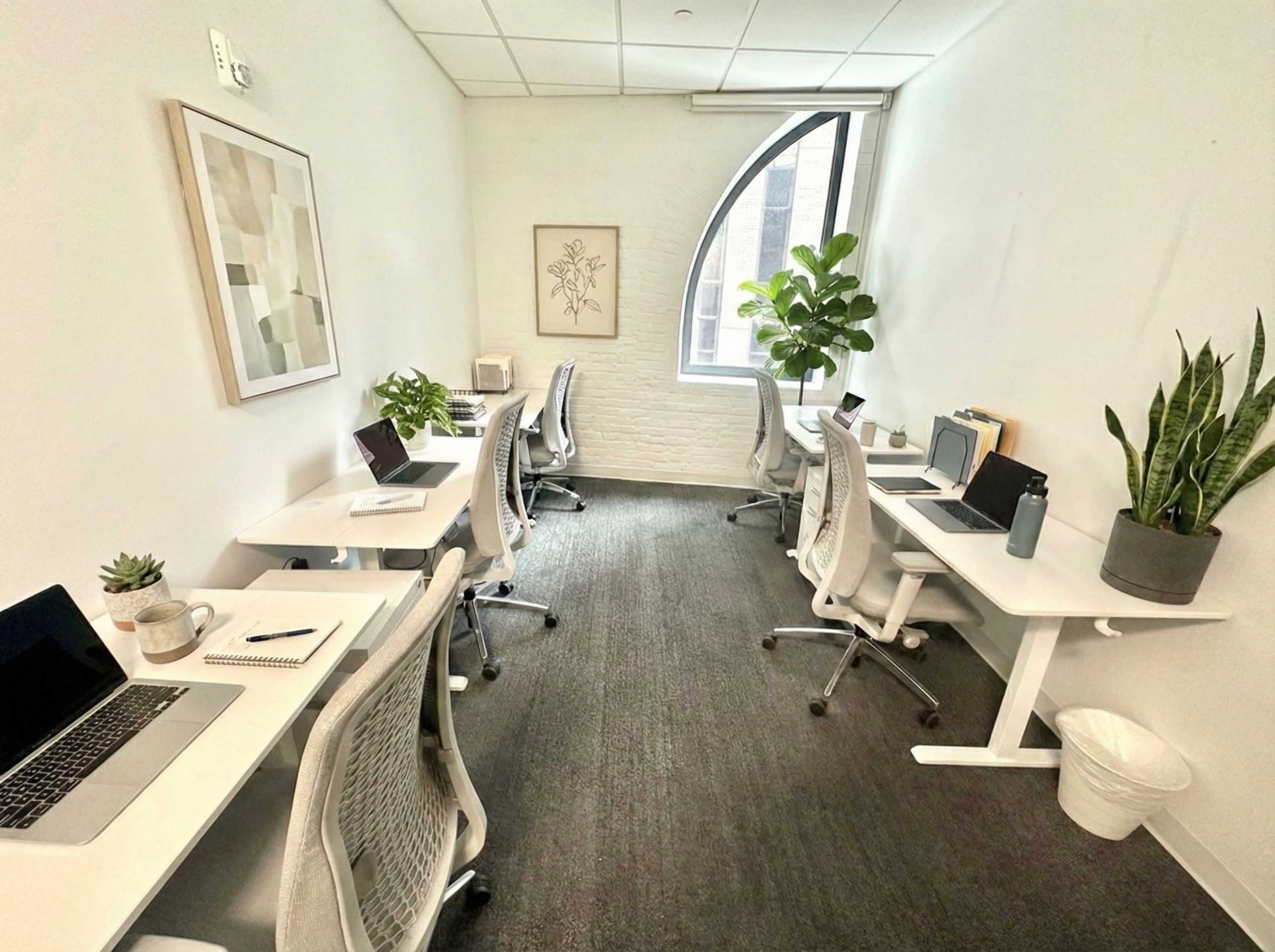 The image shows a well-lit office space with four white desks arranged in two rows, each equipped with laptops and plants, along with large windows allowing natural light to enter.