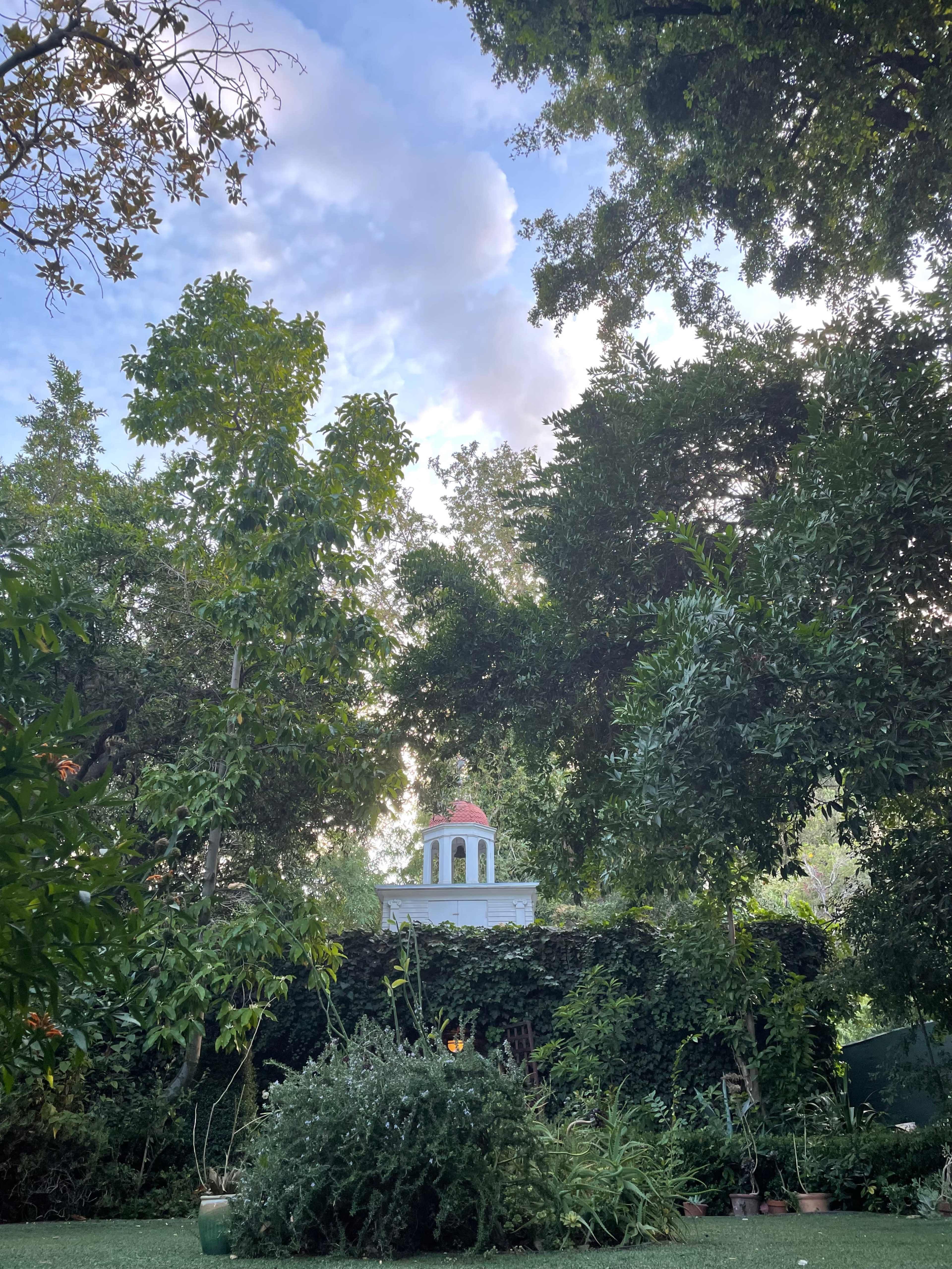 A garden filled with various green plants and trees, with a small white structure topped by a red dome visible through the foliage.
