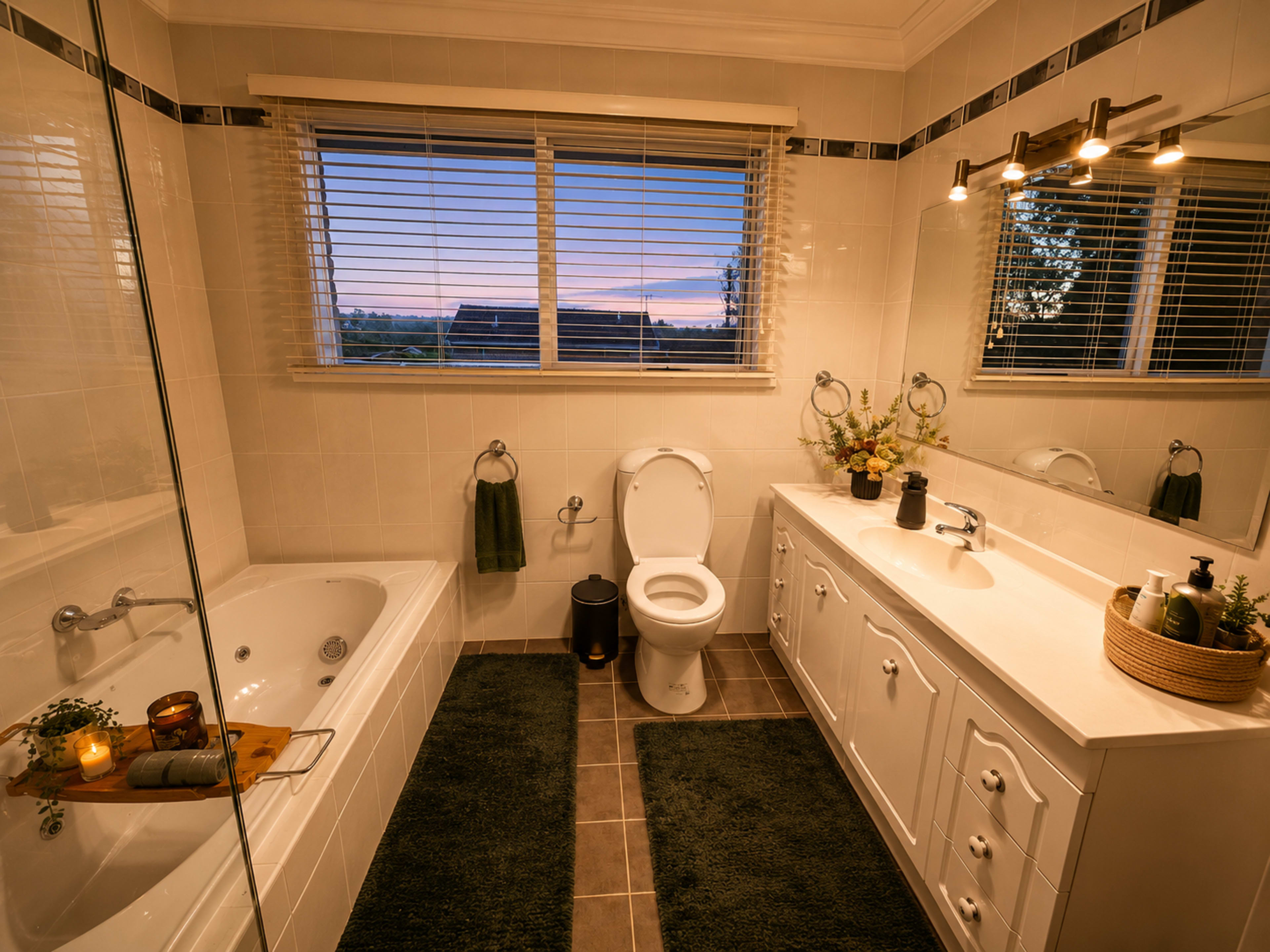 The image shows a modern bathroom with a bathtub, toilet, sink, and two mirrors, illuminated by warm lighting and featuring decorative plants.