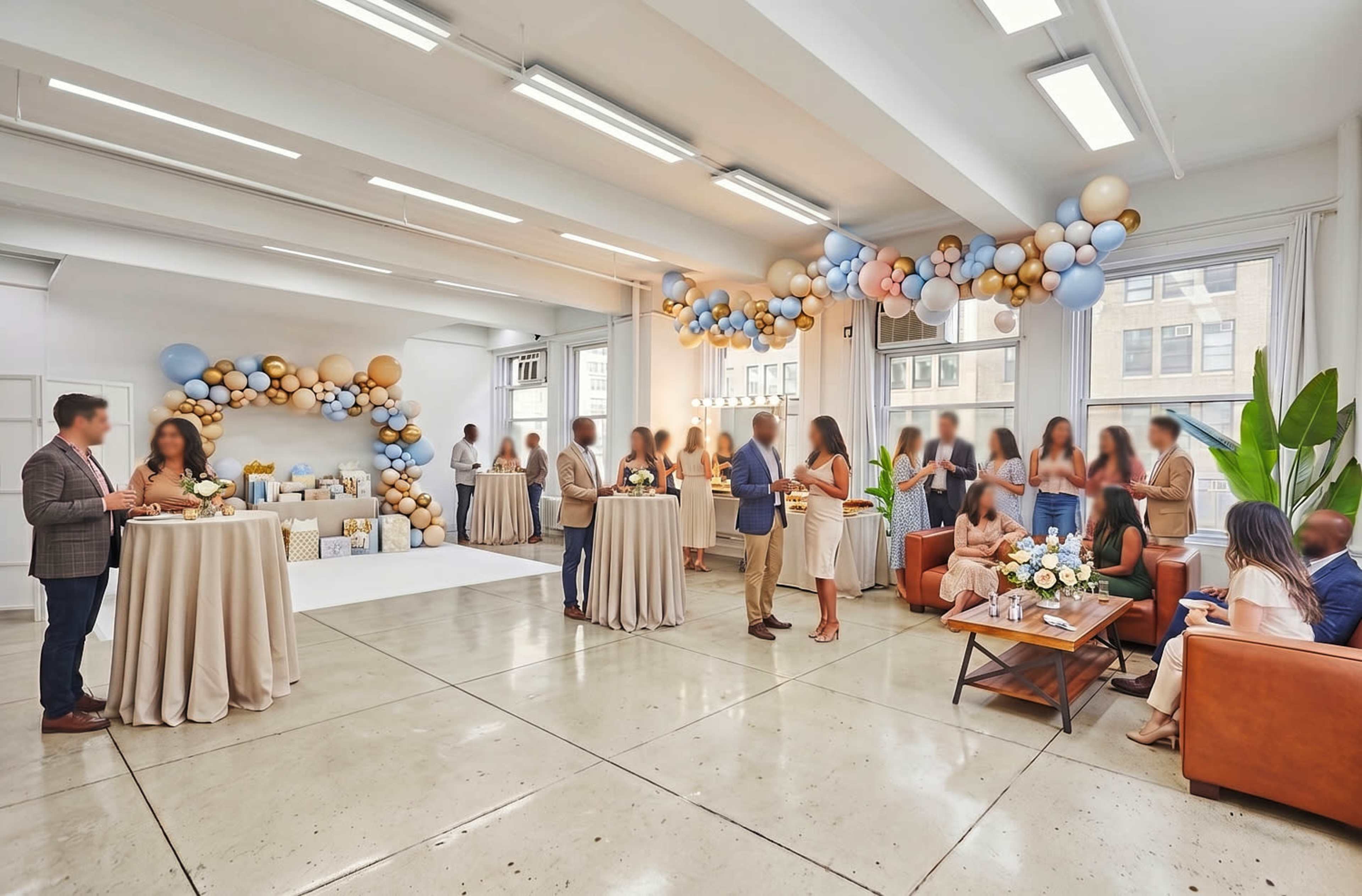 A stylish event space features guests mingling around tall tables, with decorative balloons in blue and gold adorning the wall and a mix of seating options.