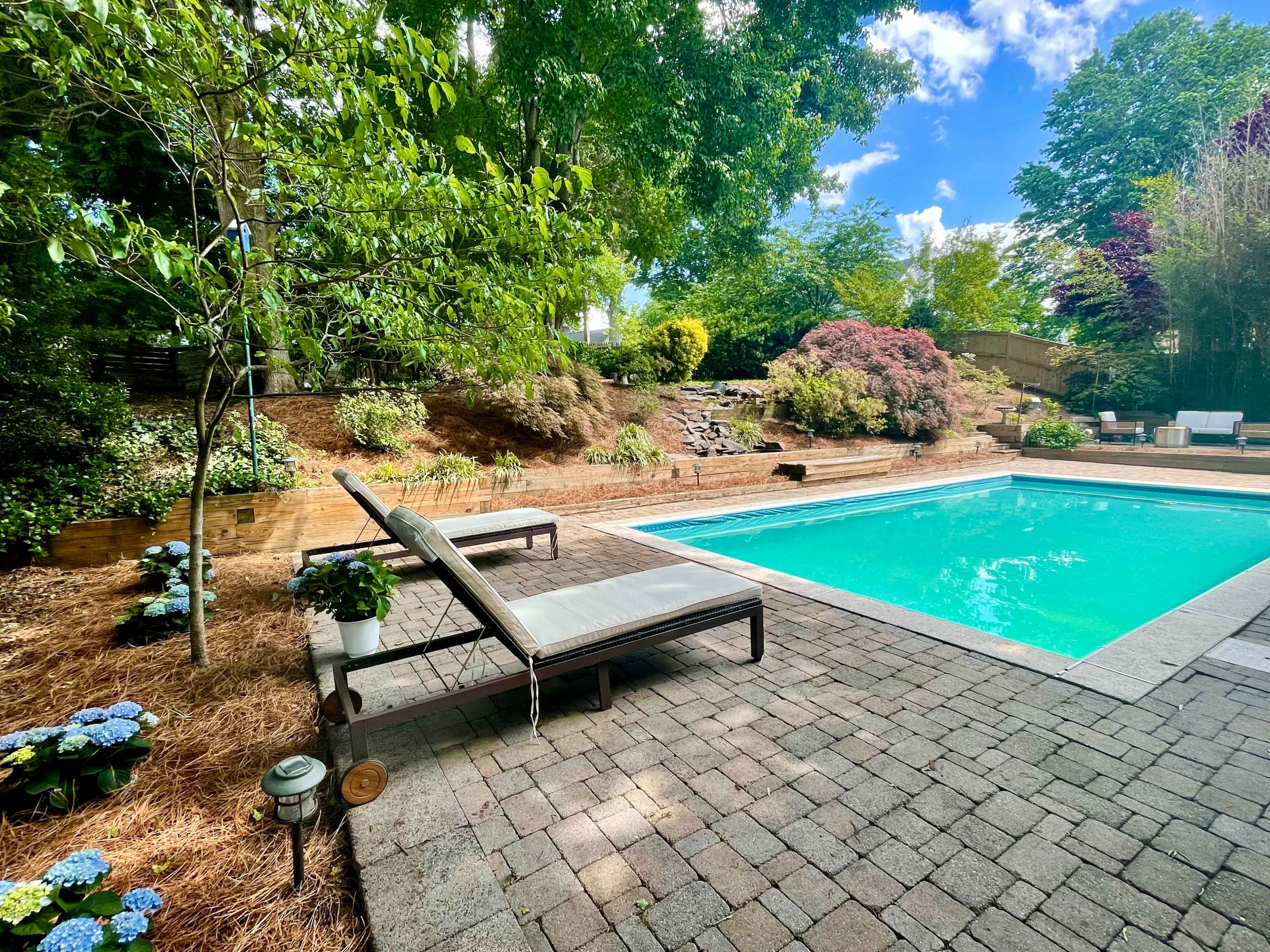 A backyard with a swimming pool surrounded by landscaped greenery and a stone patio with lounge chairs.
