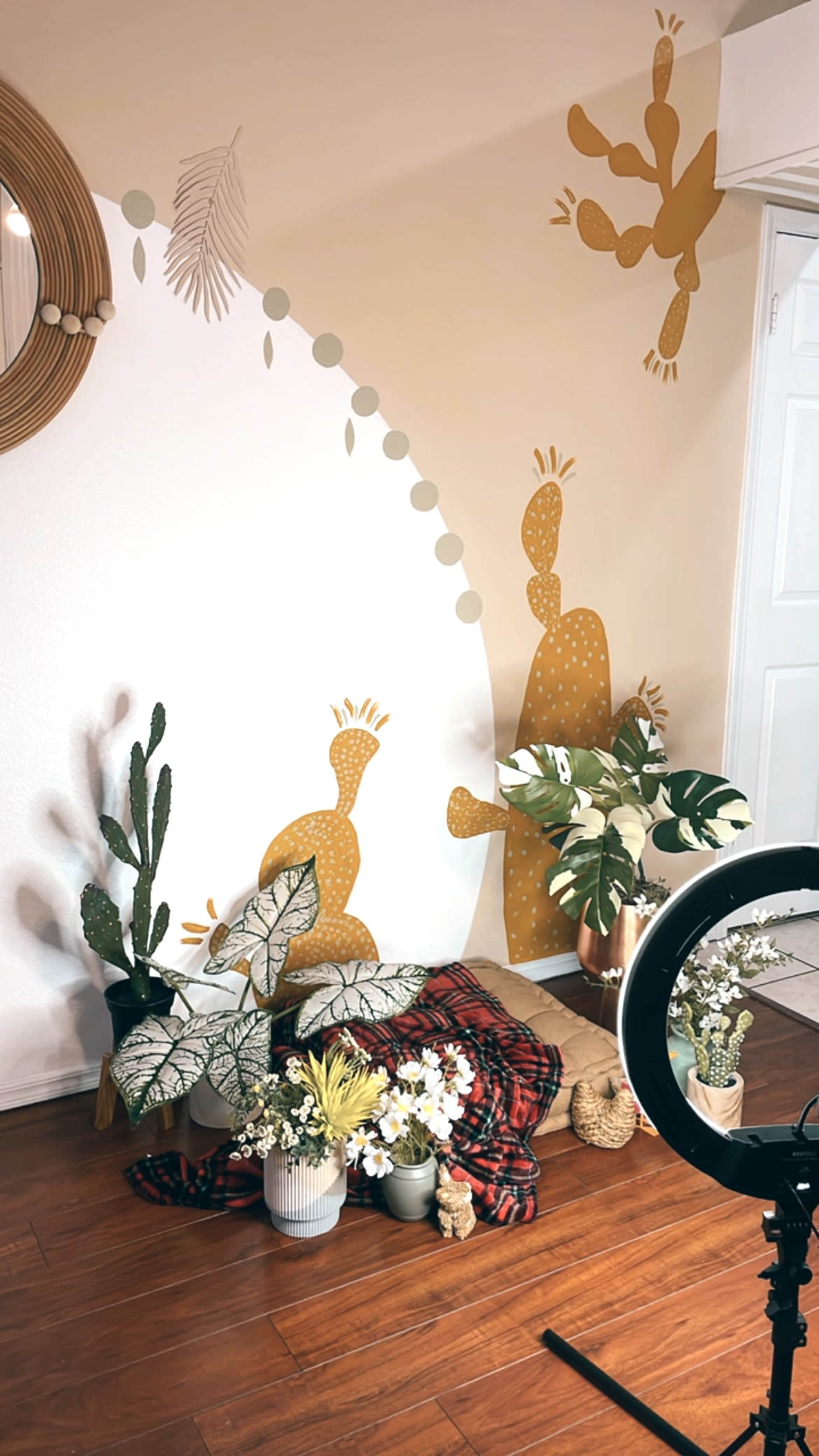 The scene features a corner of a room with decorative cacti wall art, various potted plants, a patterned blanket, and a ring light positioned nearby.