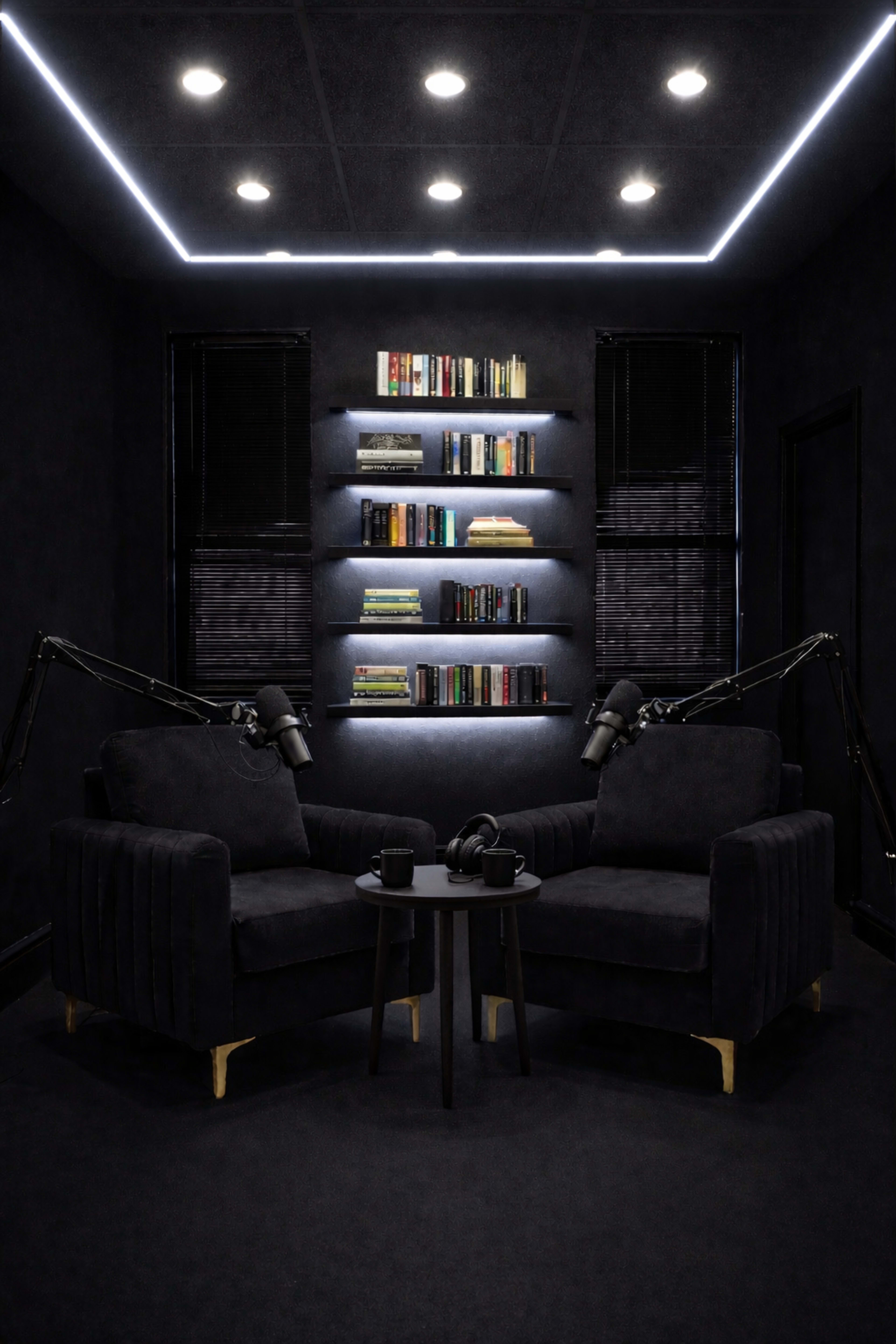 A modern audio recording studio features two black armchairs facing a small table, with a shelf of books illuminated in the background.