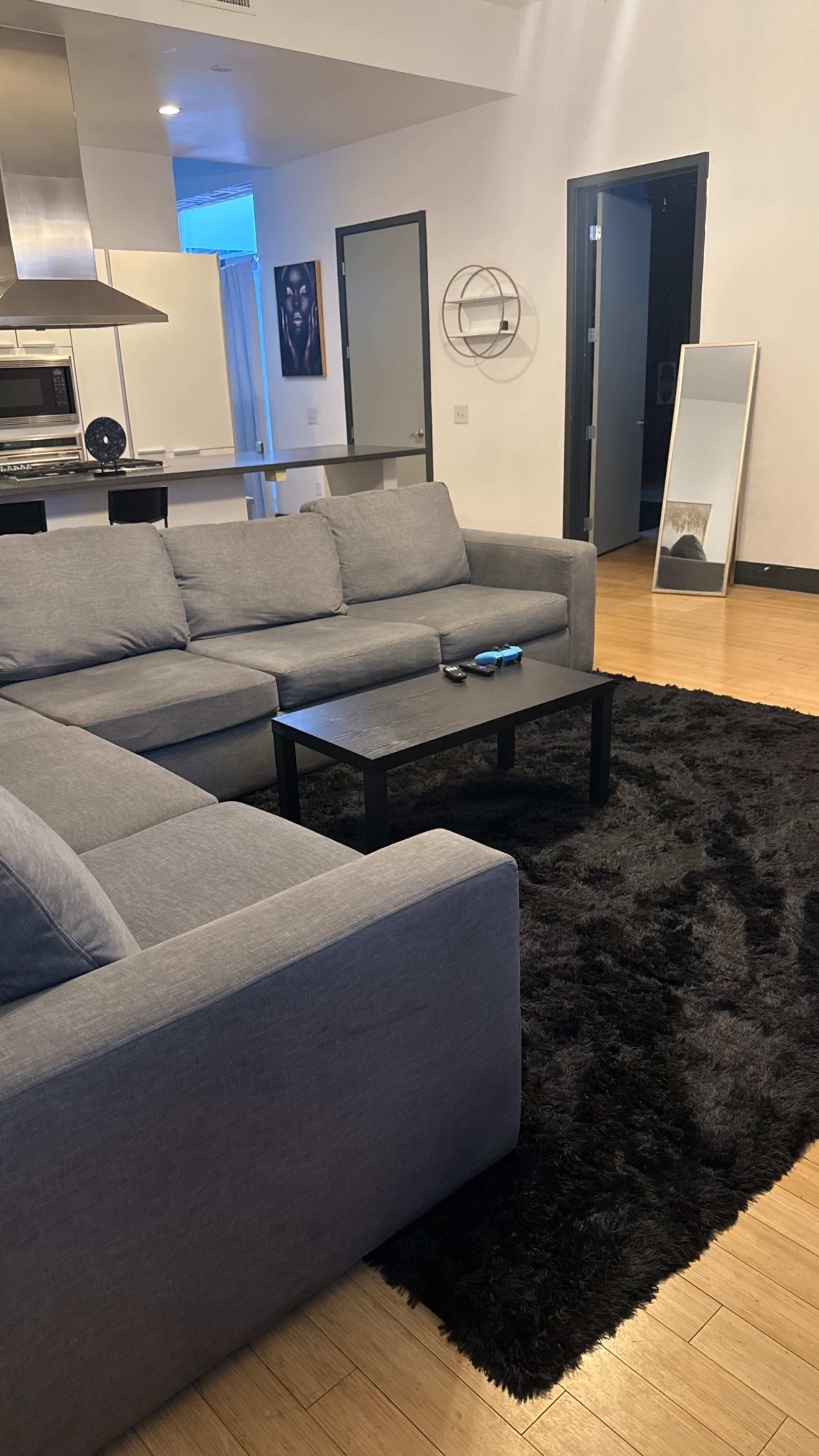 The image shows a modern living room with a gray sectional sofa, a black coffee table, and a large black rug on a wooden floor.