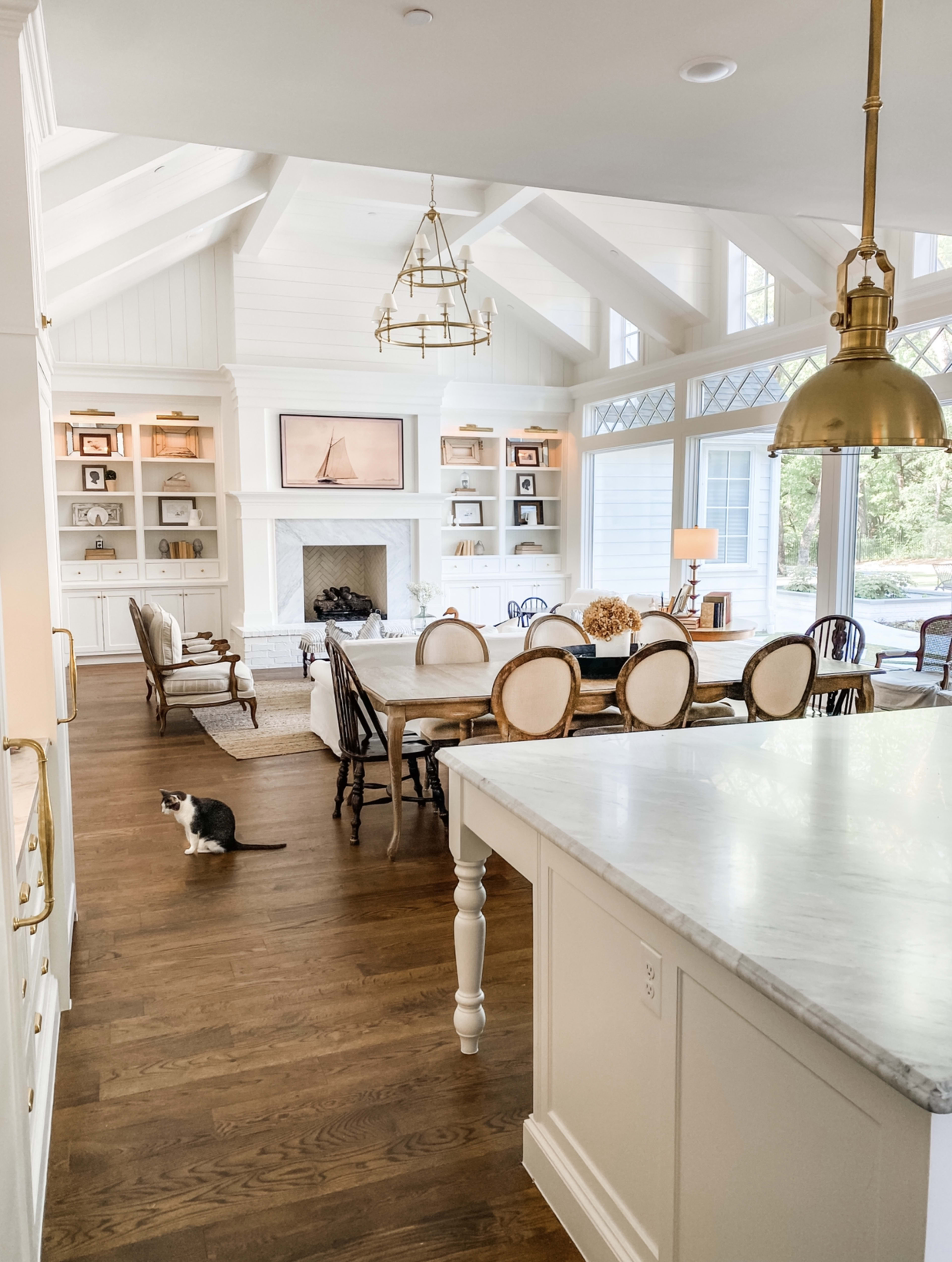 A bright, open-concept living space features a dining area with a long table, a cozy seating area with a fireplace, and a cat walking across the wooden floor.