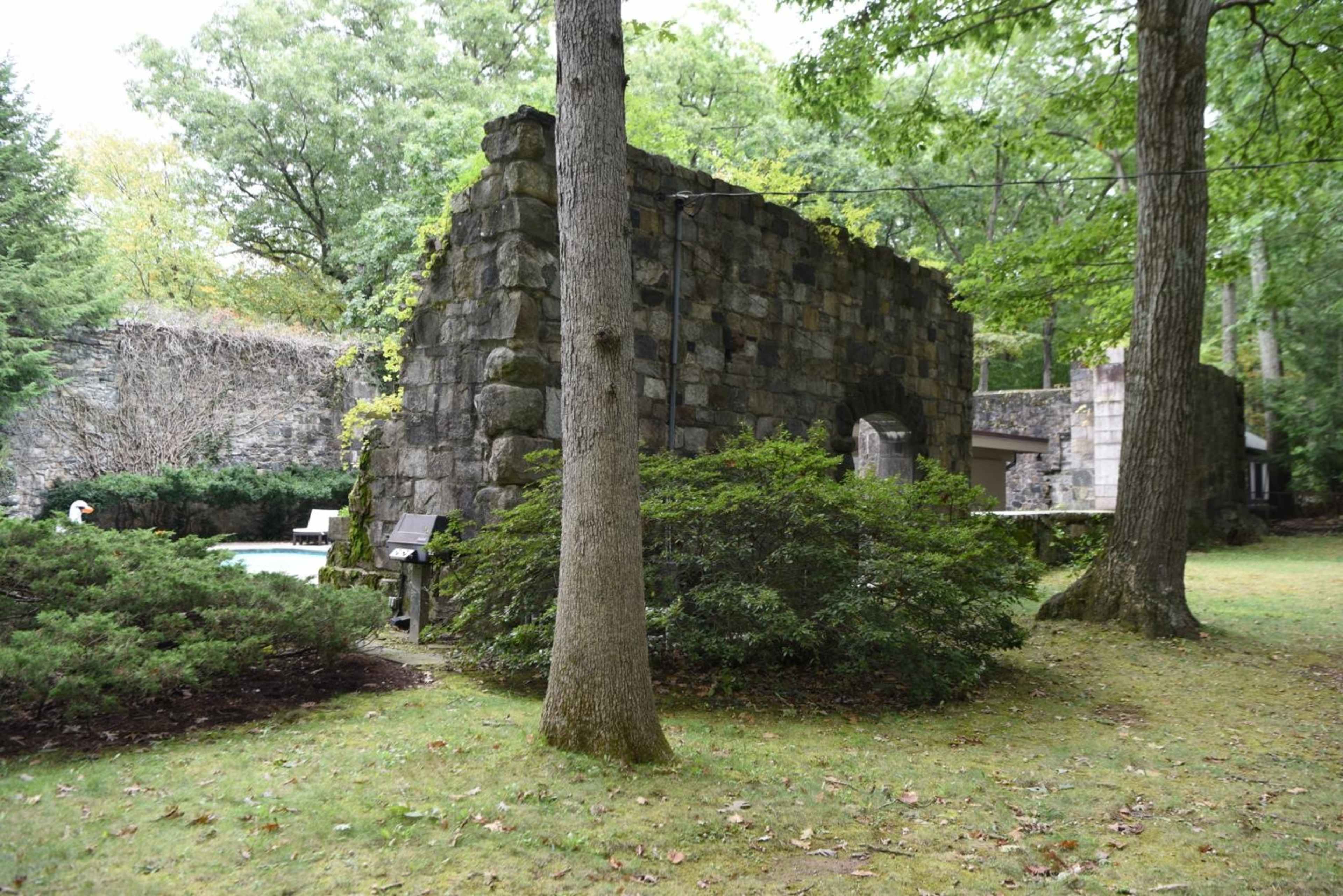 The image shows a stone structure partially engulfed by trees and shrubs in a wooded area.