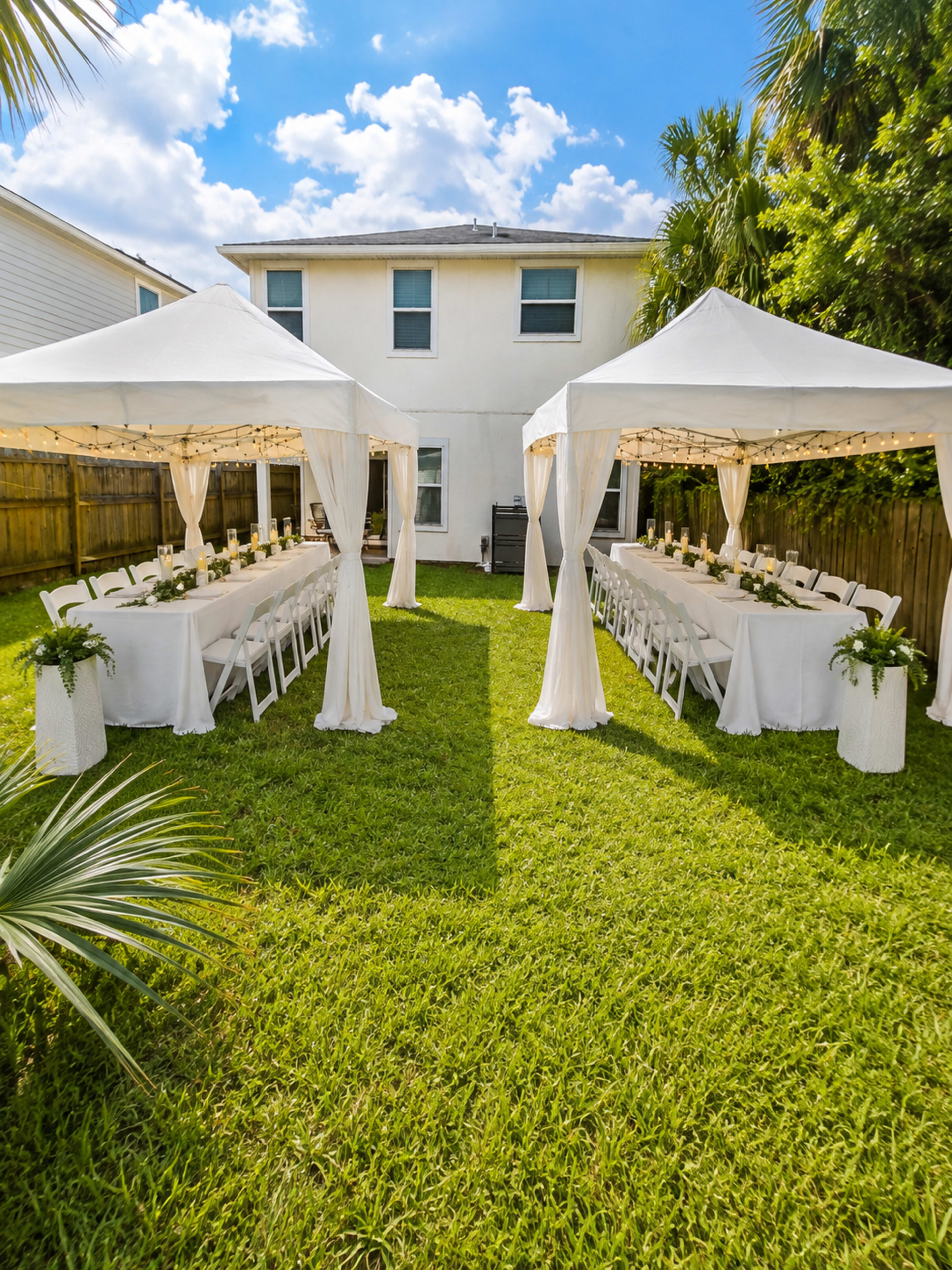 Two white canopy tents with tables arranged underneath are set up in a grassy backyard, surrounded by a wooden fence and palm trees.