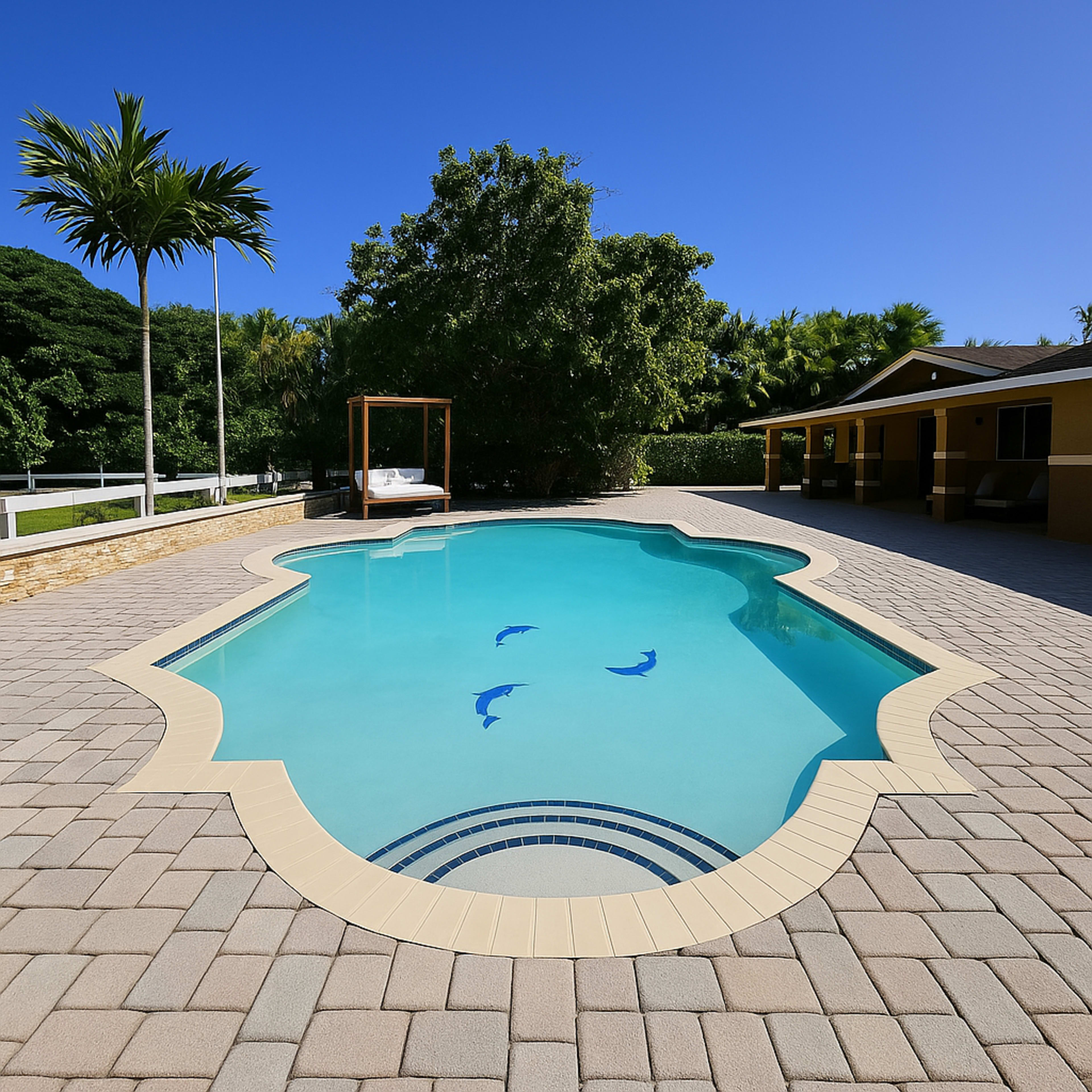 The image shows a landscaped swimming pool with a light blue surface and decorative dolphins, surrounded by a paved deck and tropical vegetation.