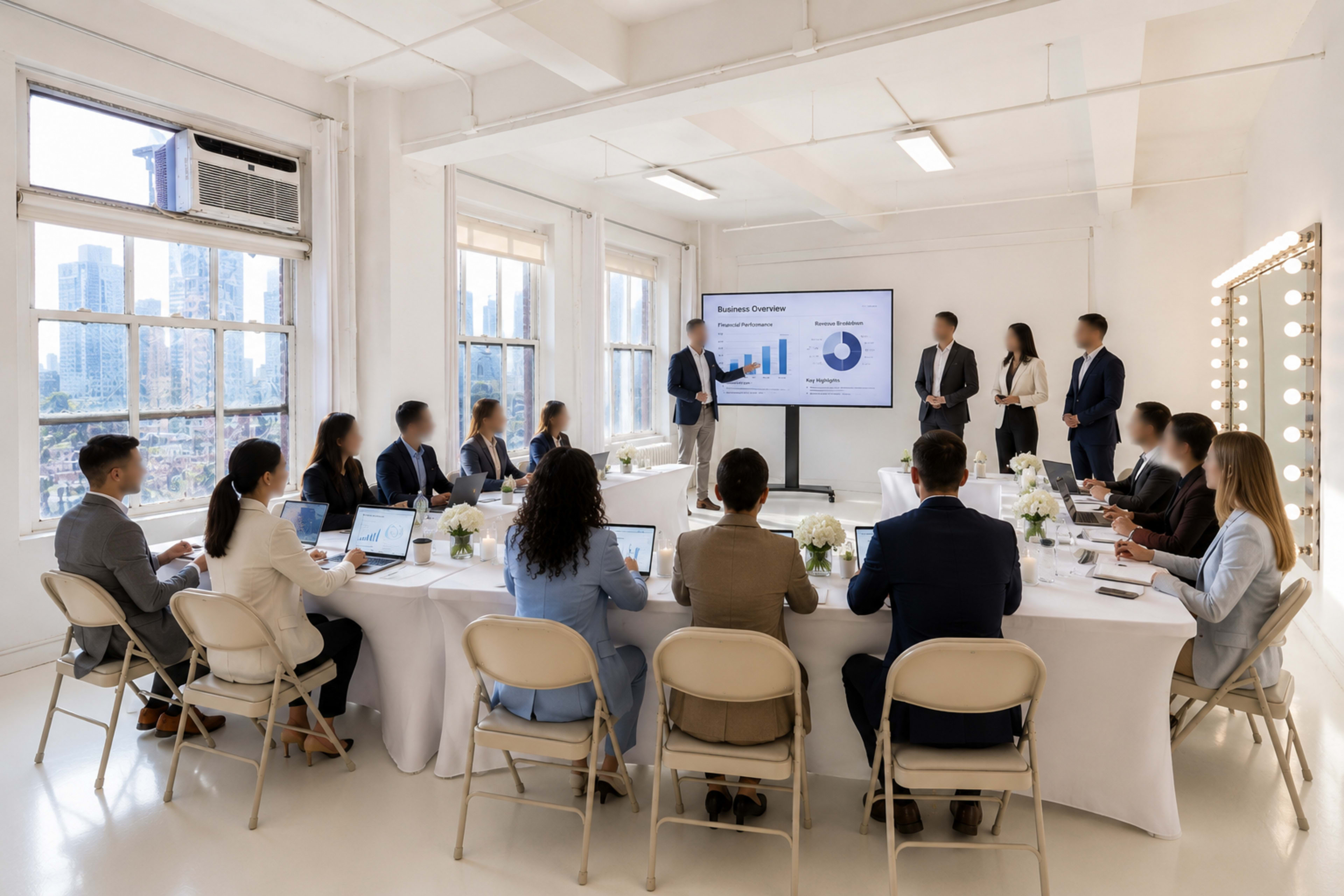 A group of professionals is participating in a business presentation in a bright conference room, with charts displayed on a screen and laptops in front of them.