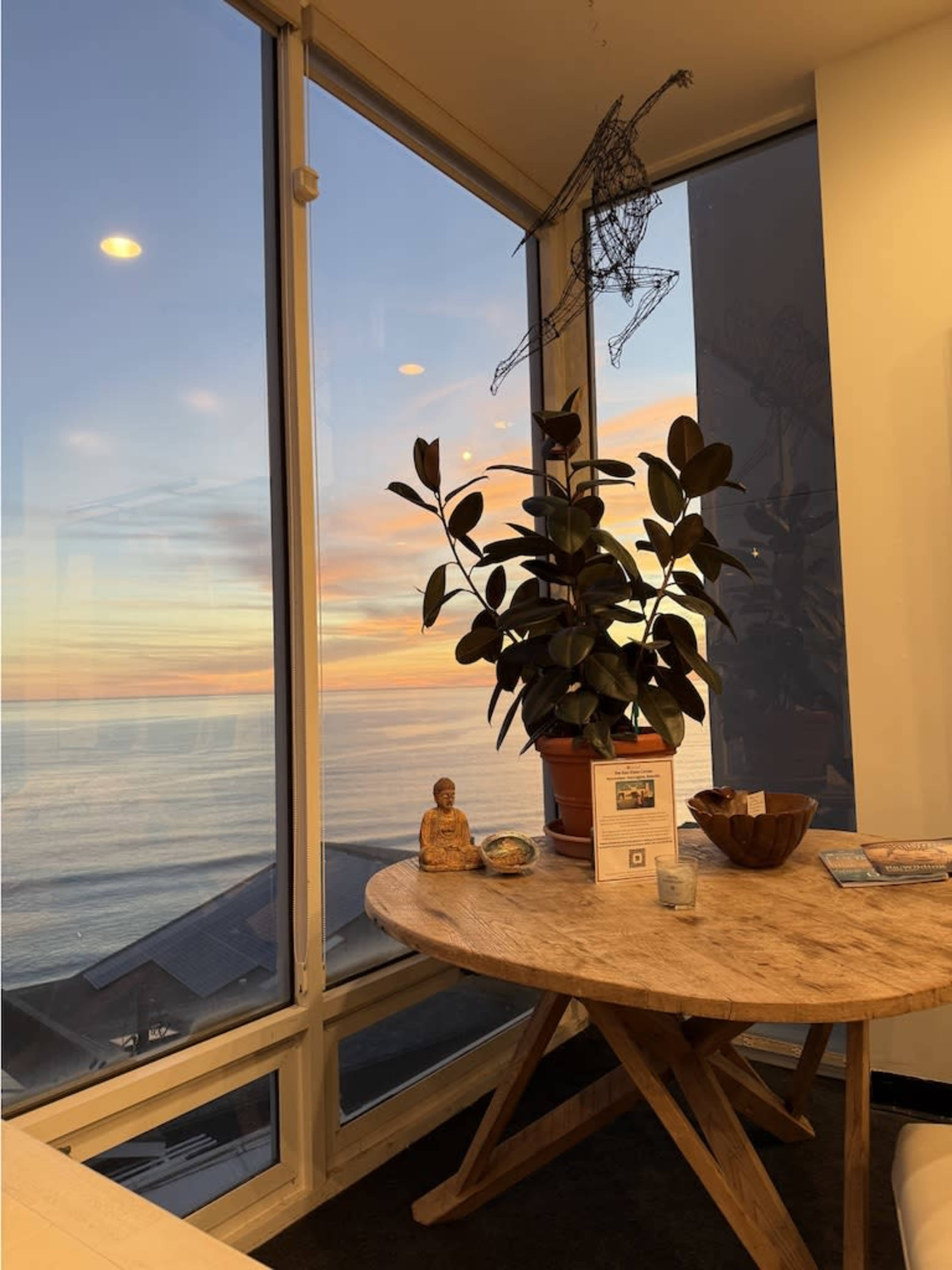 A potted plant sits on a round wooden table beside a window displaying a sunset over the ocean.