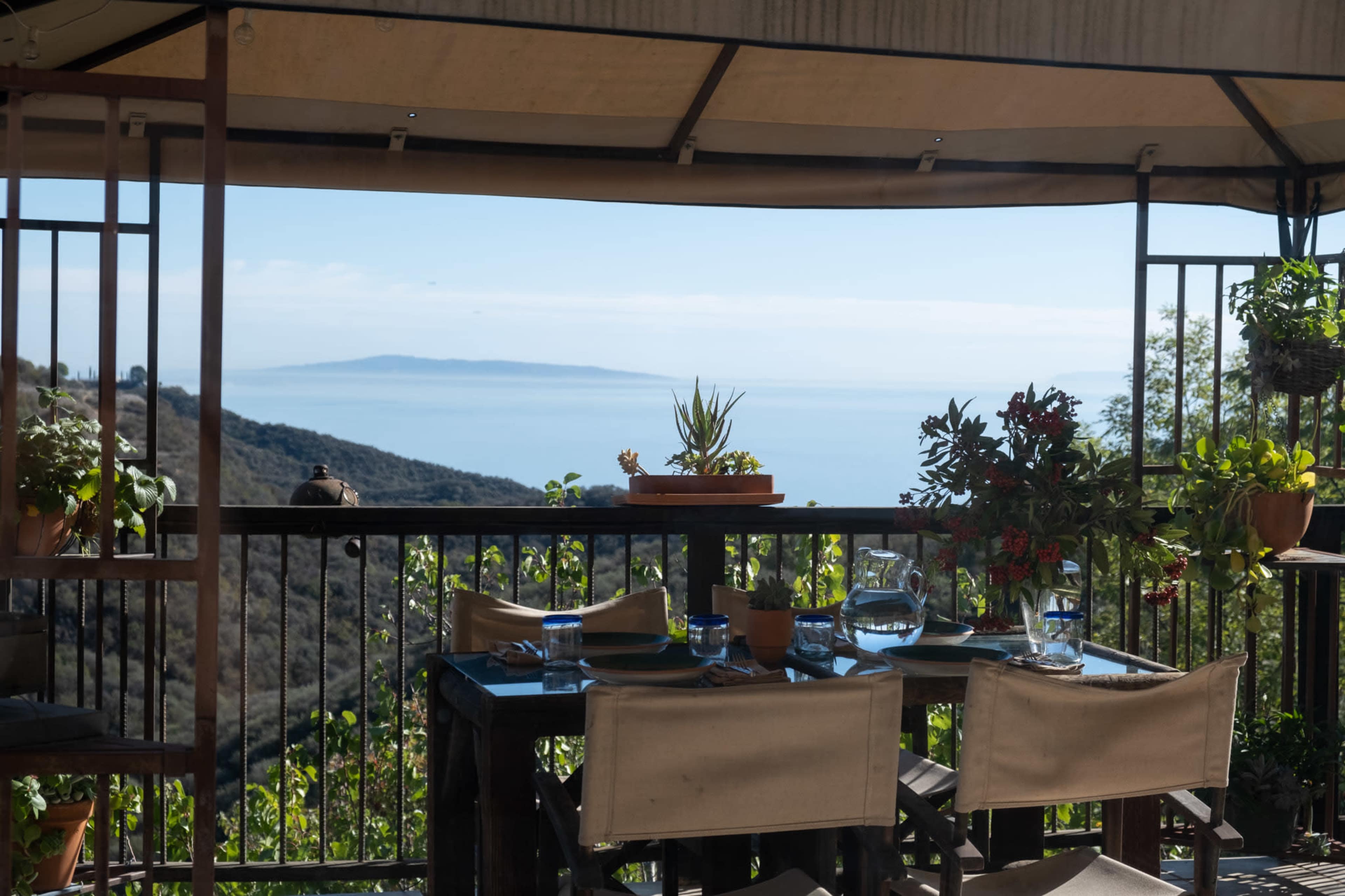 A table is set on a patio overlooking a serene ocean view with plants and decorations.