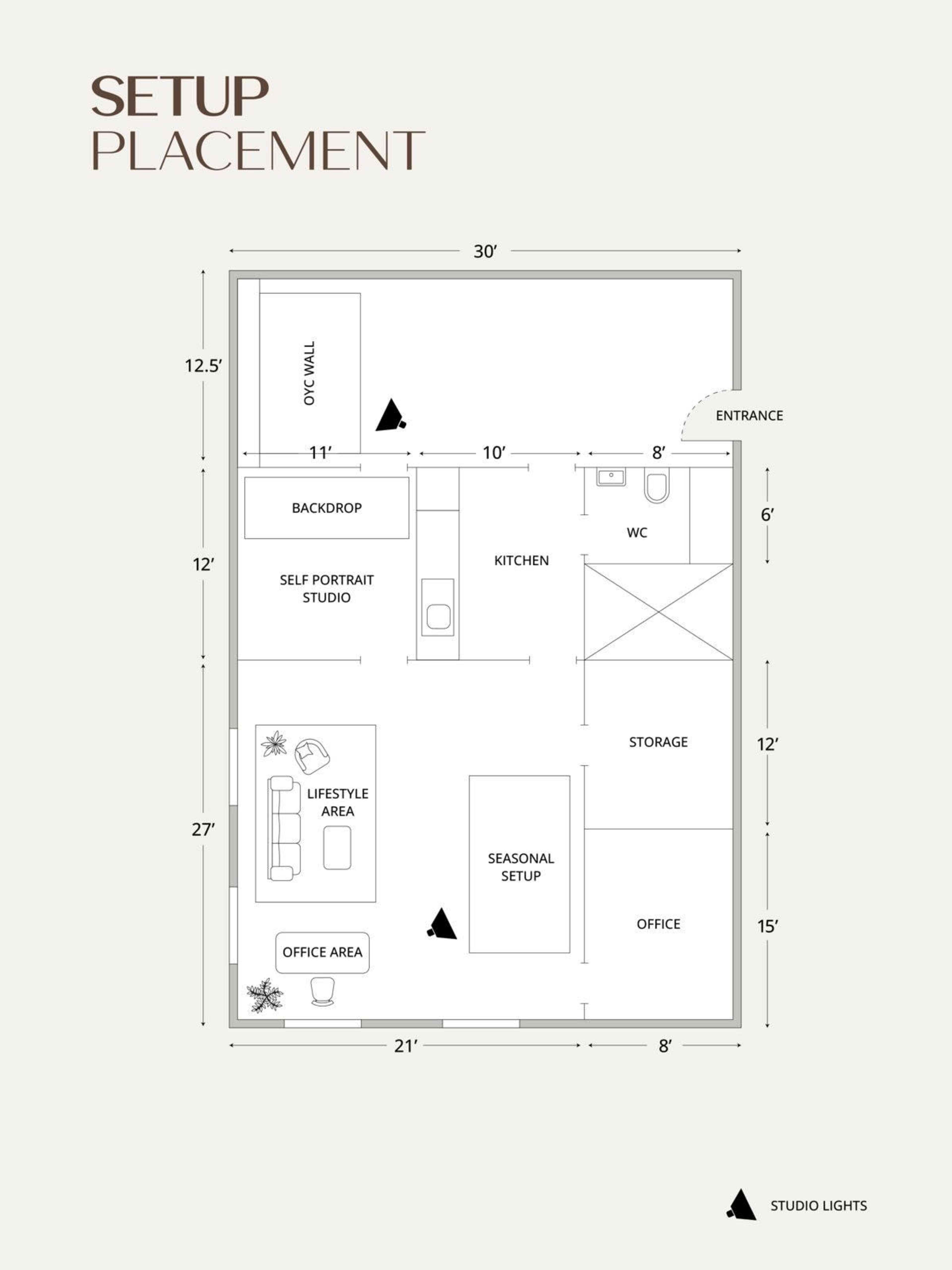 The image shows a floor plan layout of a studio, detailing various areas including a kitchen, office, self-portrait studio, and lifestyle area, along with their dimensions.