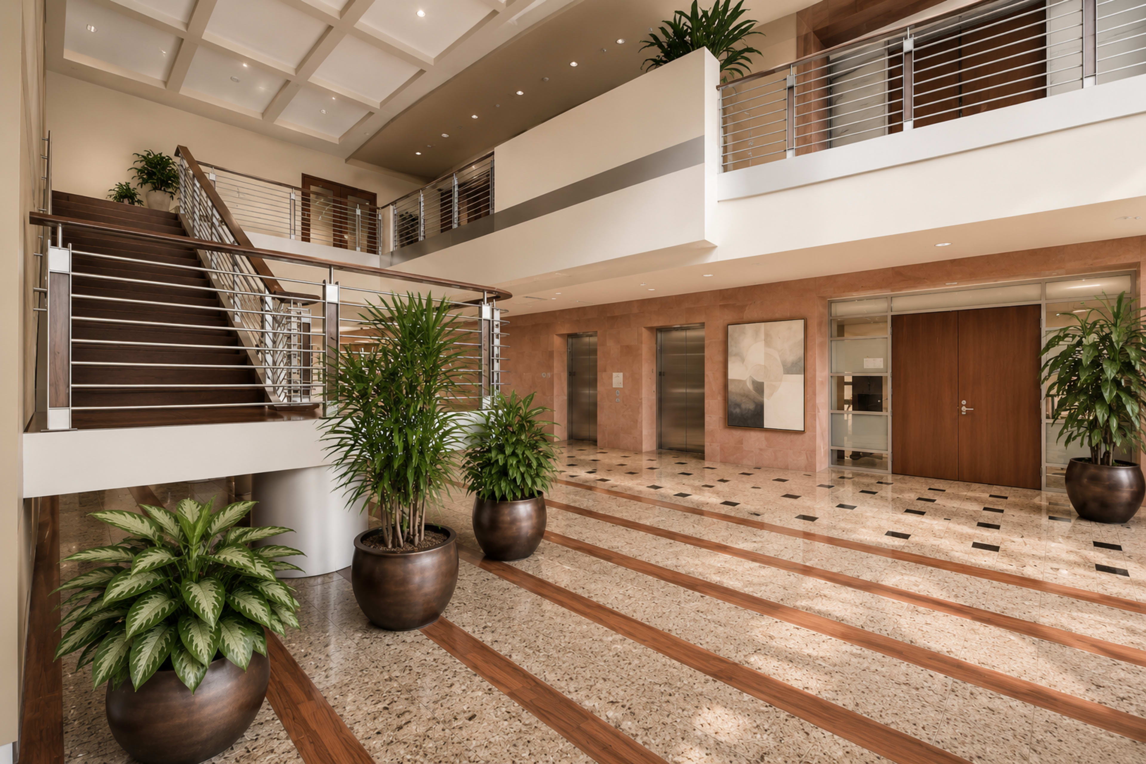 The image shows a modern lobby area featuring a staircase, elevators, and large potted plants against a backdrop of polished flooring and warm-colored walls.