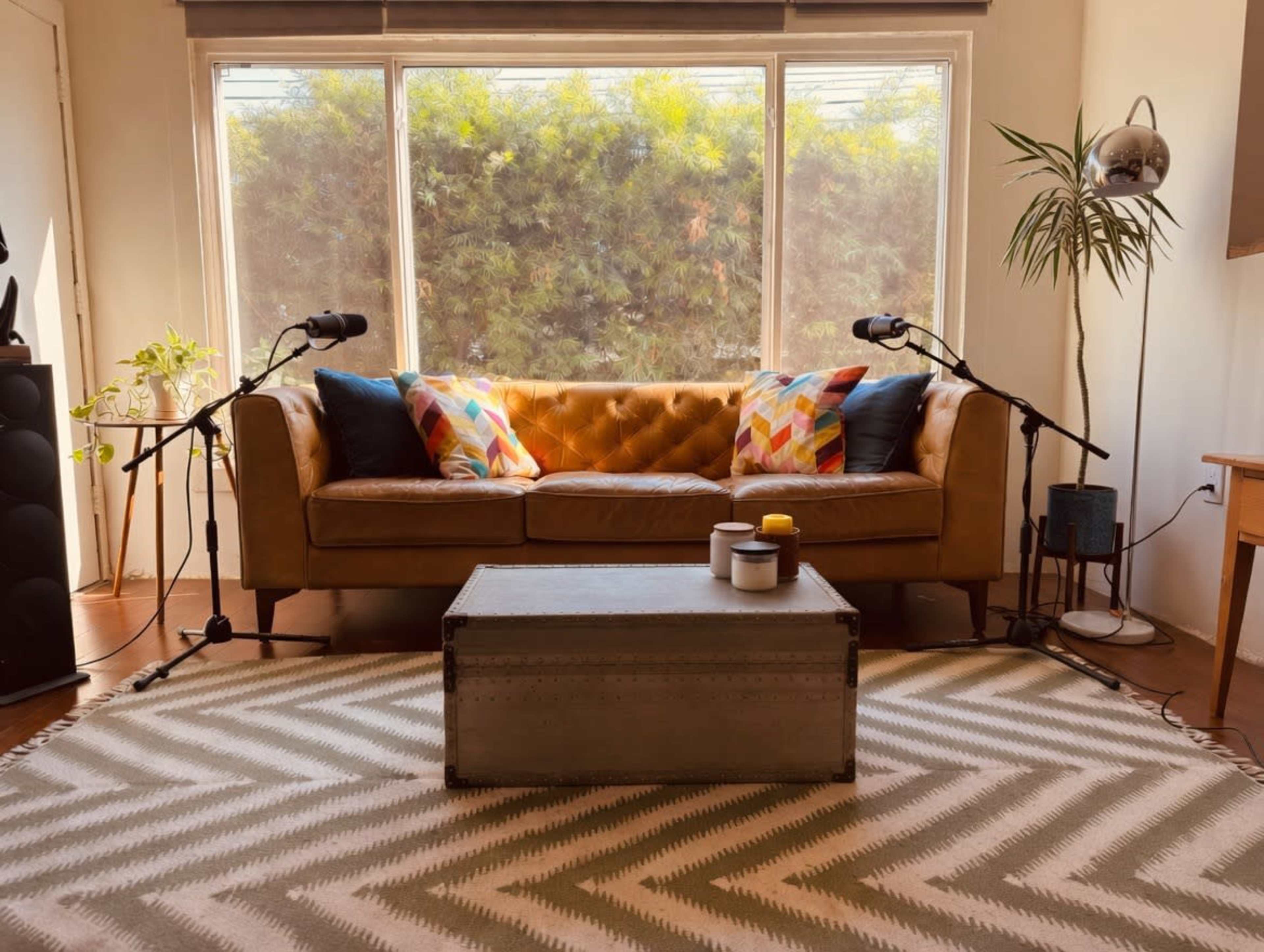 A brown leather couch with colorful cushions sits facing a large window, while a coffee table and two microphones are positioned nearby on a patterned rug.