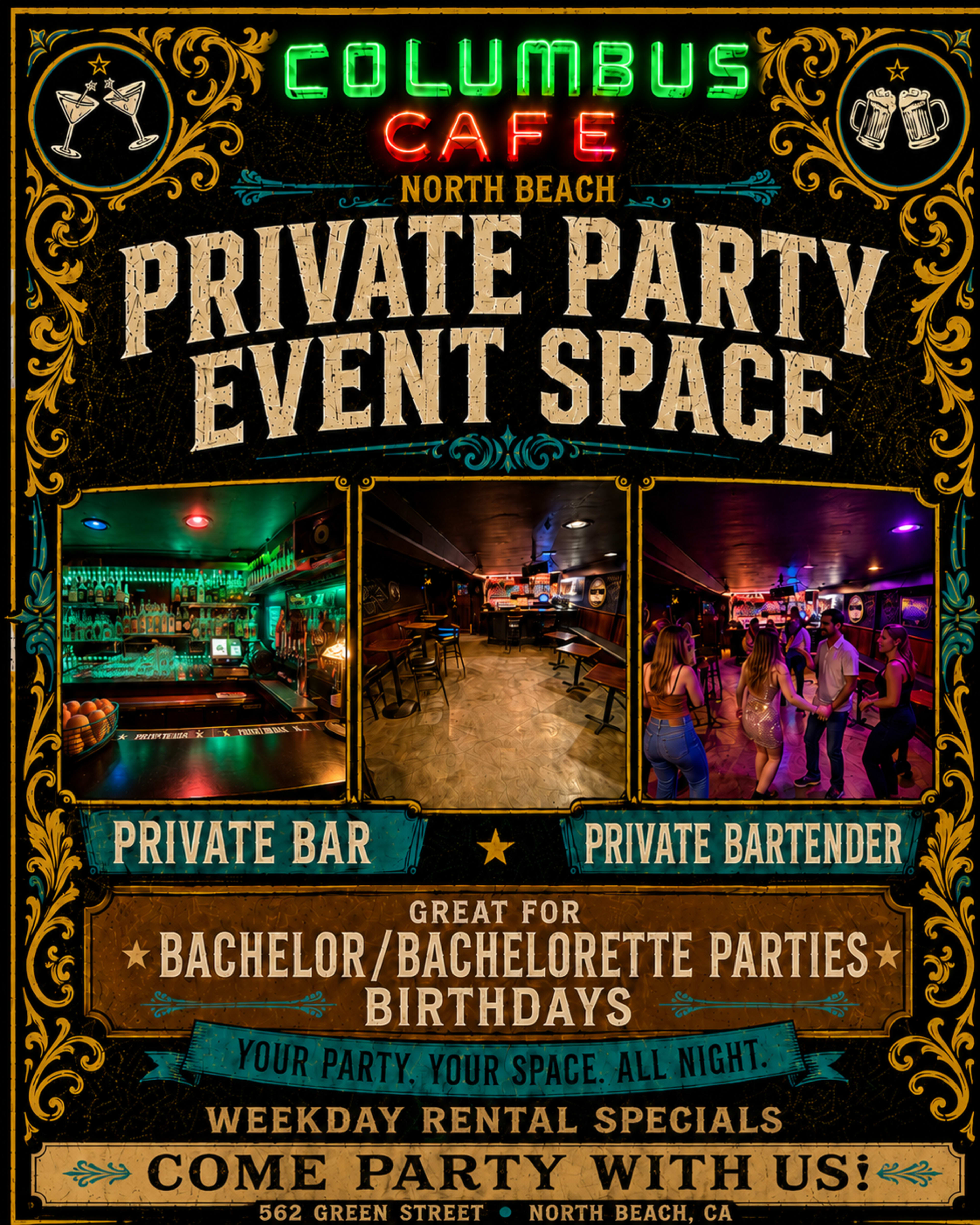 The image is a promotional poster for Columbus Cafe in North Beach, advertising a private party event space with highlights about the amenities and opportunities for celebration.
