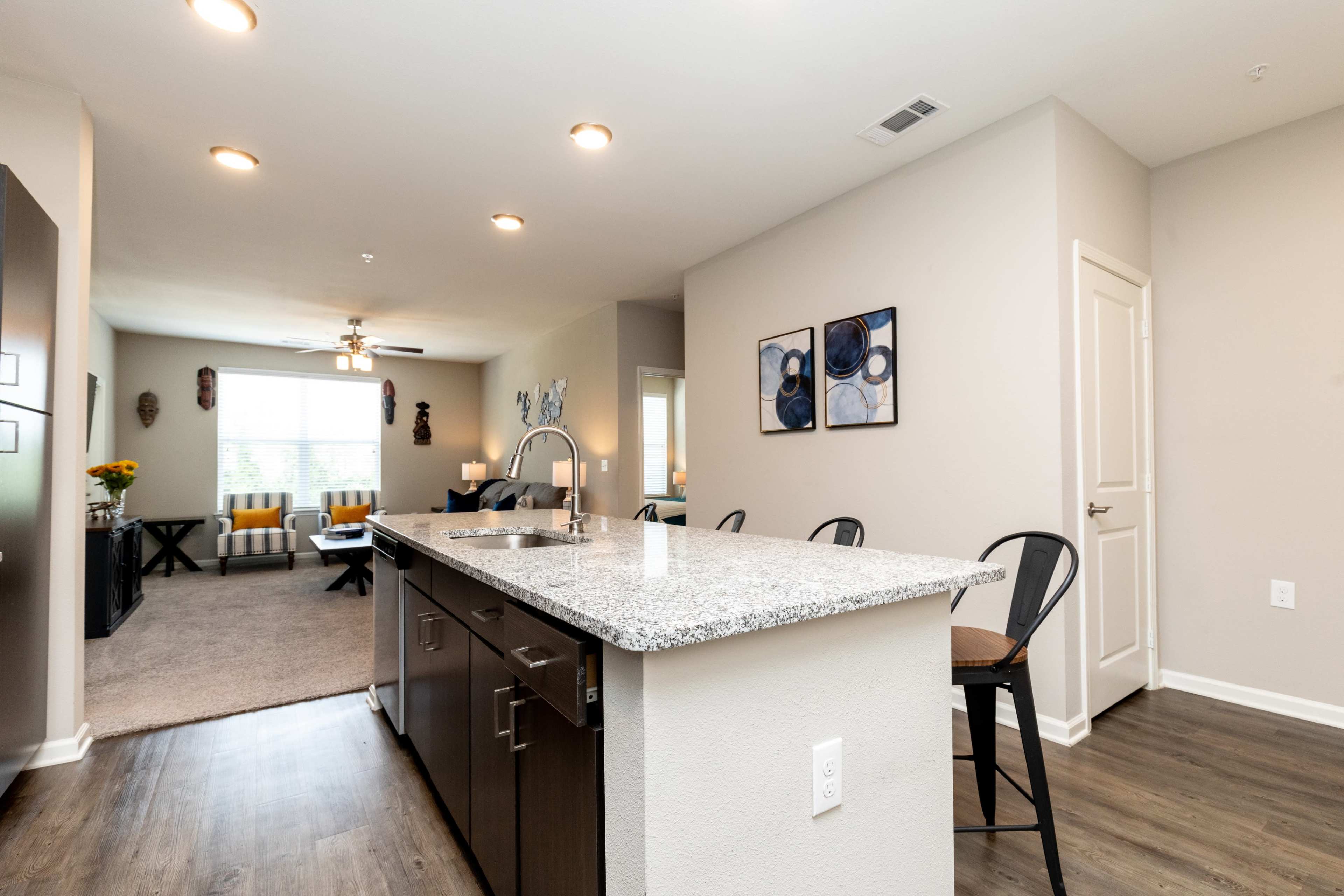A modern kitchen with a granite countertop, bar seating, and a view into a living area with decorative elements.