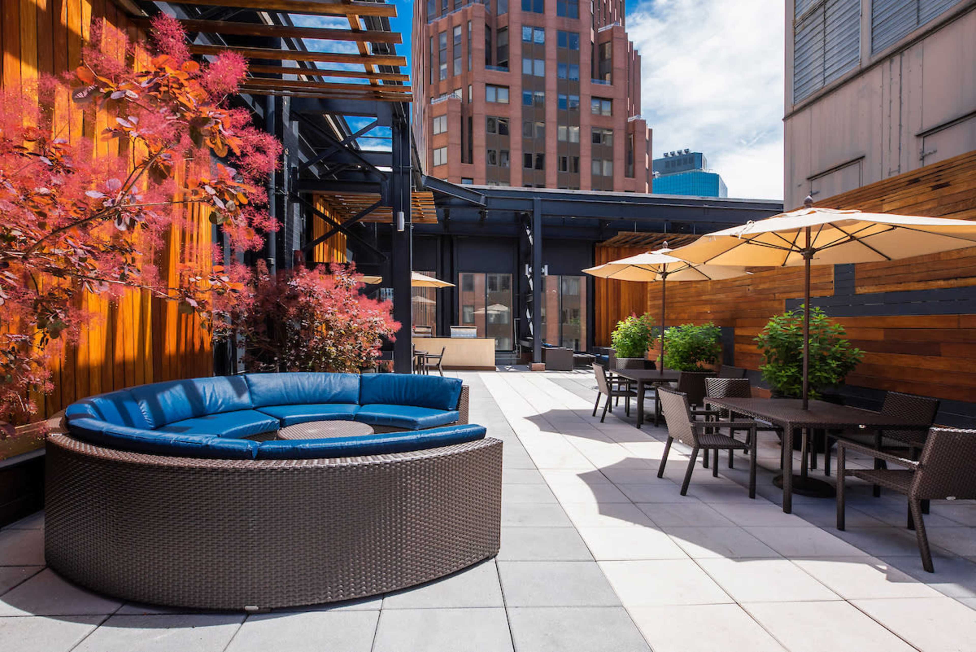 The image shows a rooftop patio area featuring a circular blue couch, dining tables with umbrellas, and wooden walls adorned with pink foliage.