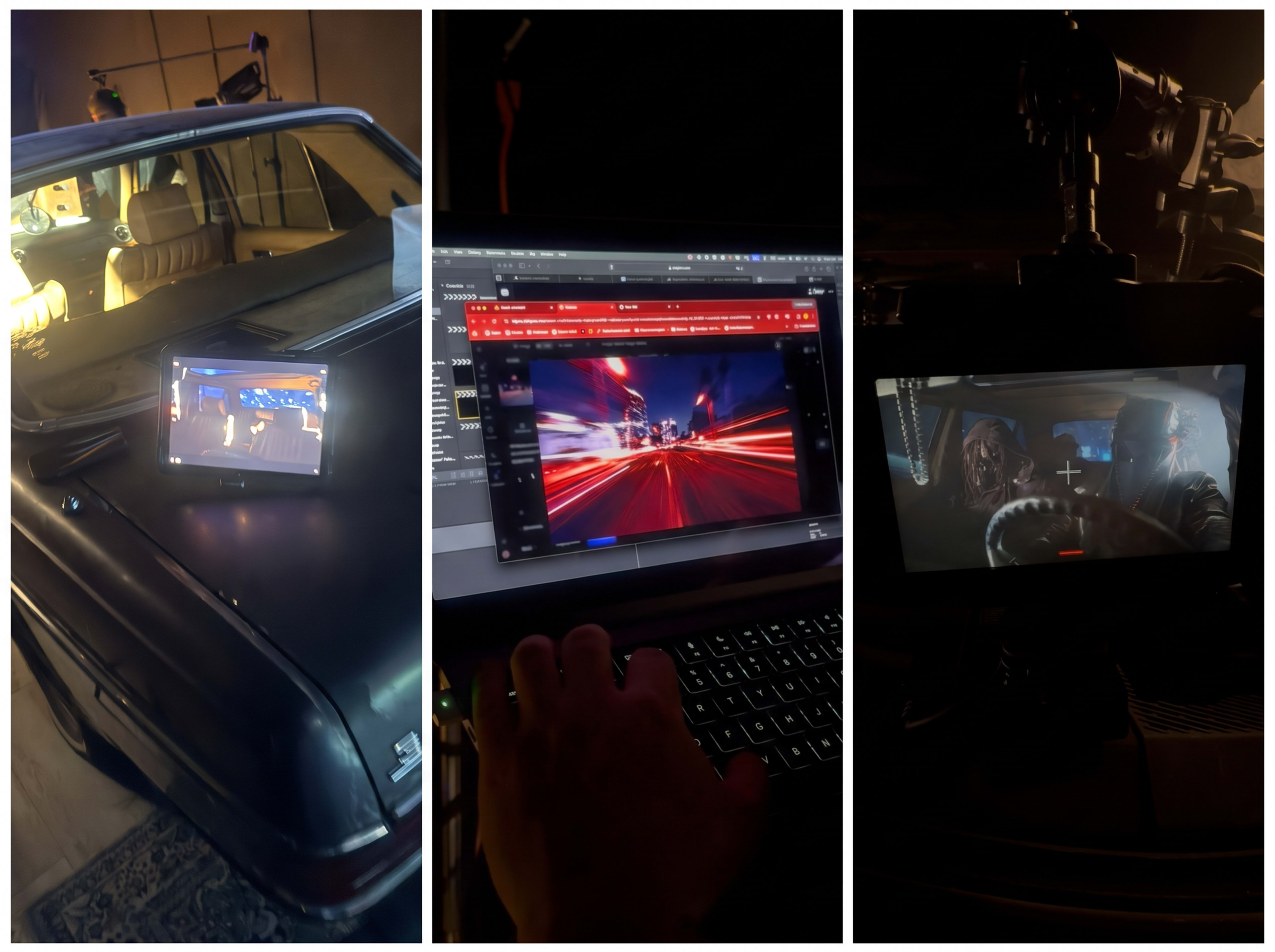 The image showcases a three-panel view: the first displays a tablet on a car's dashboard, the second features a hand using a laptop with a blurred city scene on the screen, and the third shows a monitor with two characters captured in a cinematic scene.