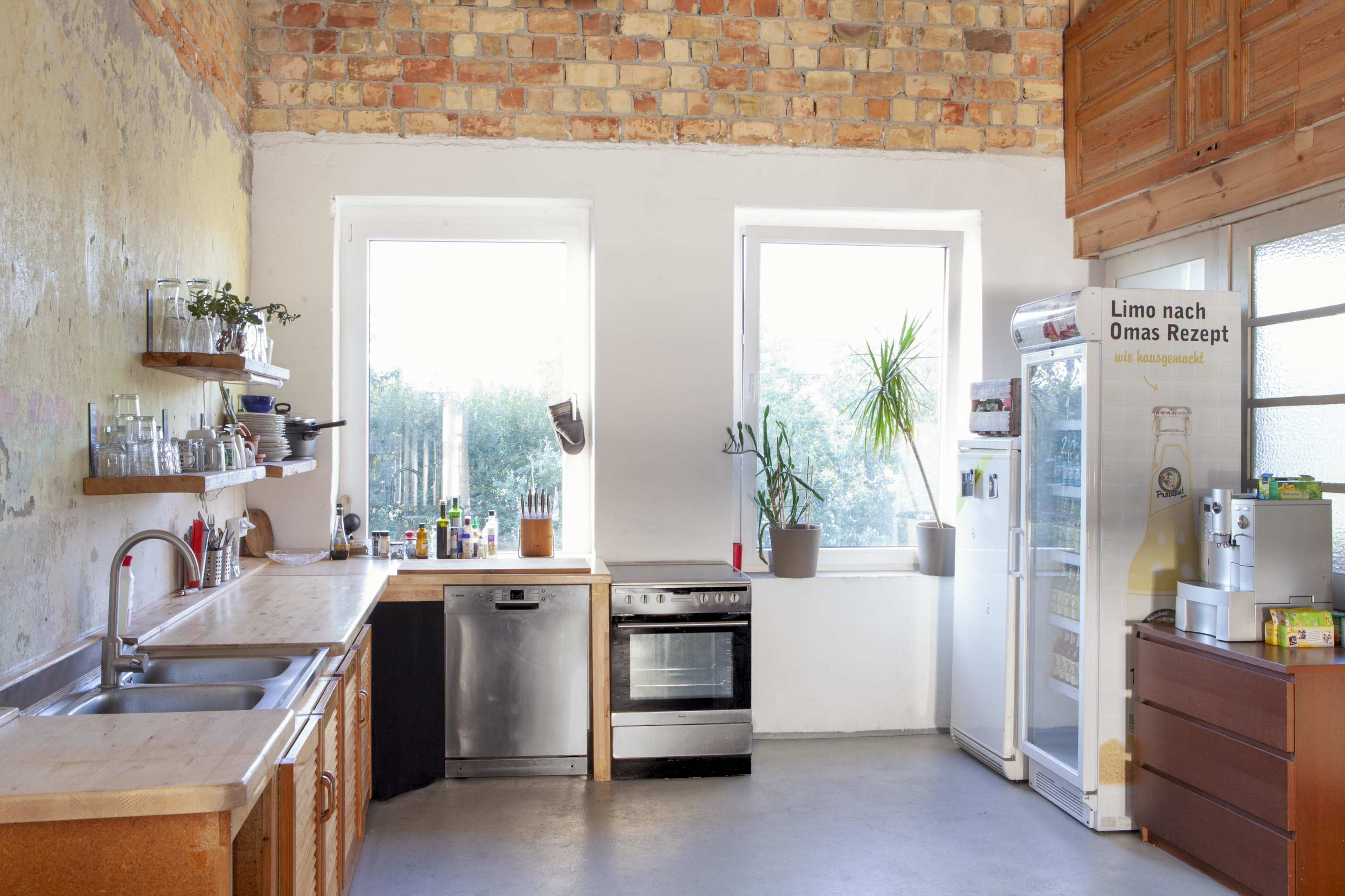 A modern kitchen features a wooden countertop, stainless steel appliances, and large windows with plants on the sill.