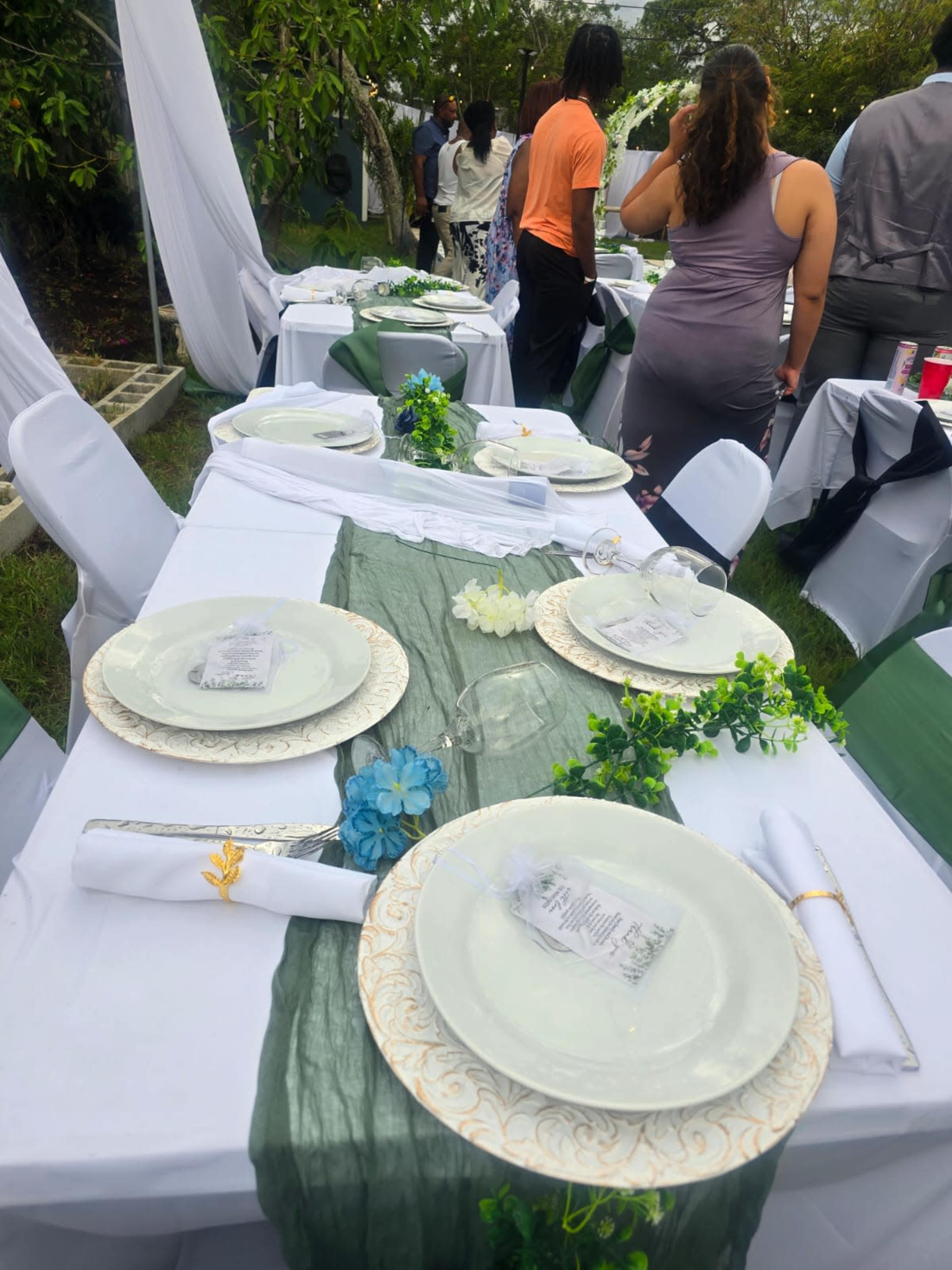 A decorated outdoor dining table is set with plates, utensils, and a floral centerpiece, while guests mingle in the background.