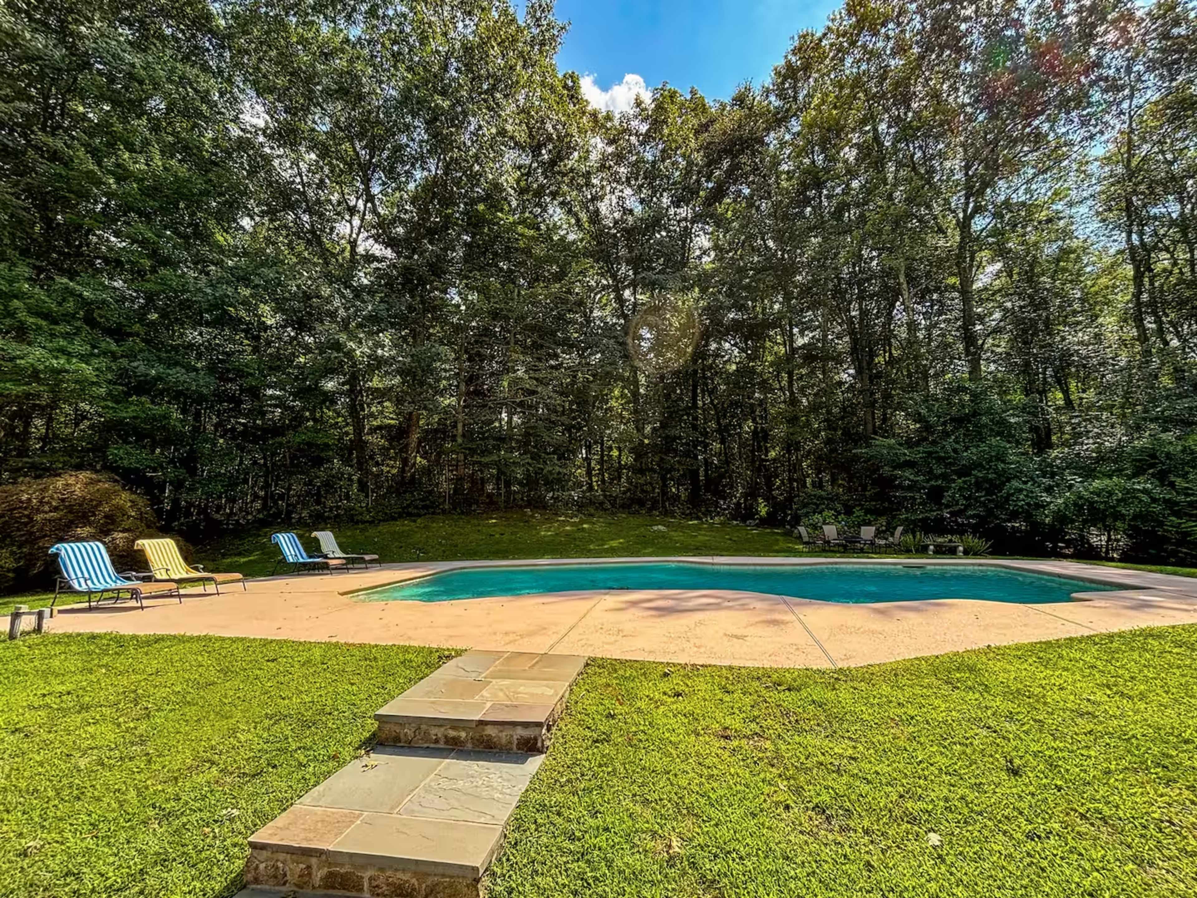 Country home in secluded setting with basketball court and pool. Image in Weston, Weston, CT