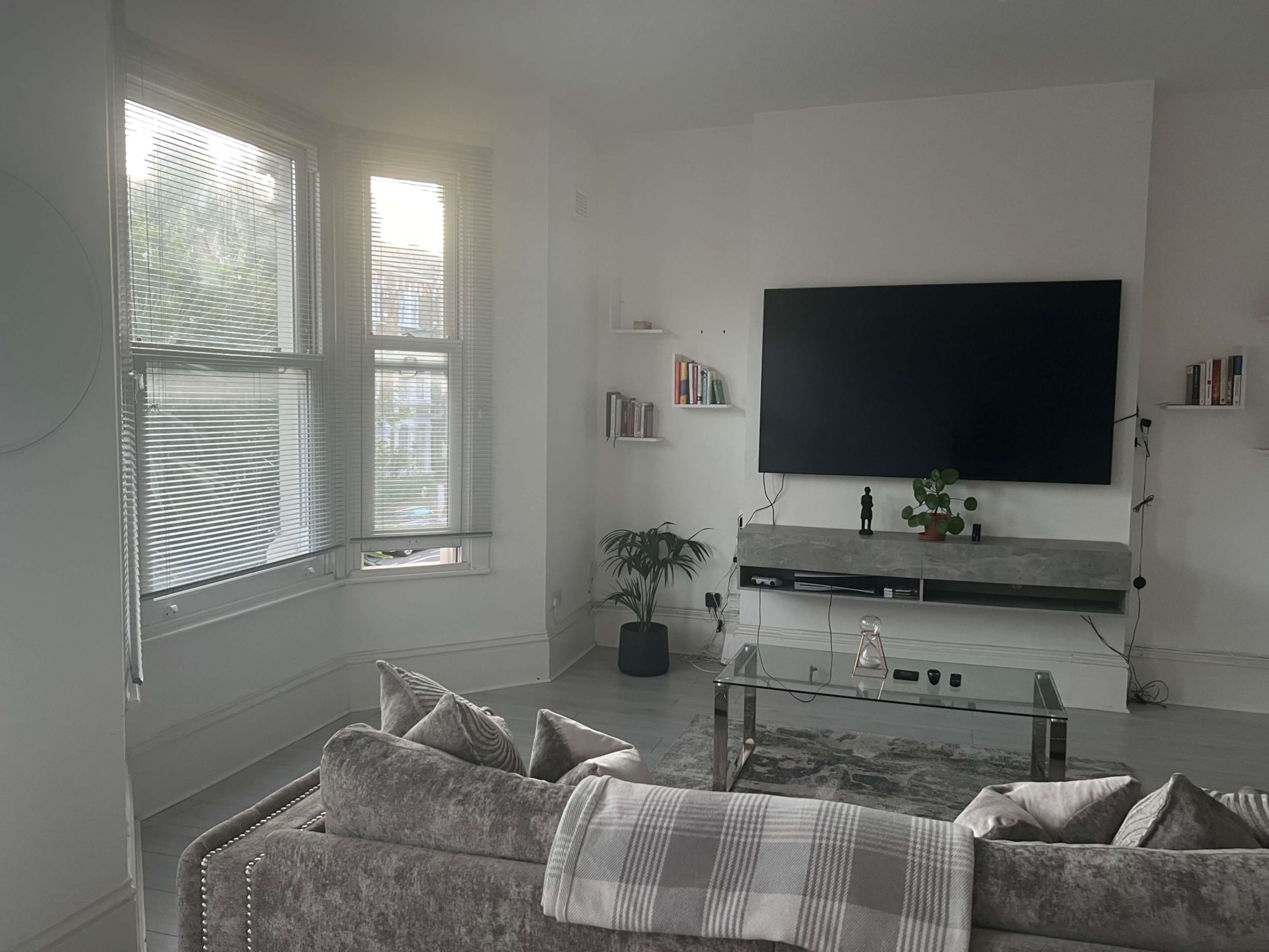 The image shows a bright living room featuring a large television mounted on a white wall, modern furniture, and a plant near the window.