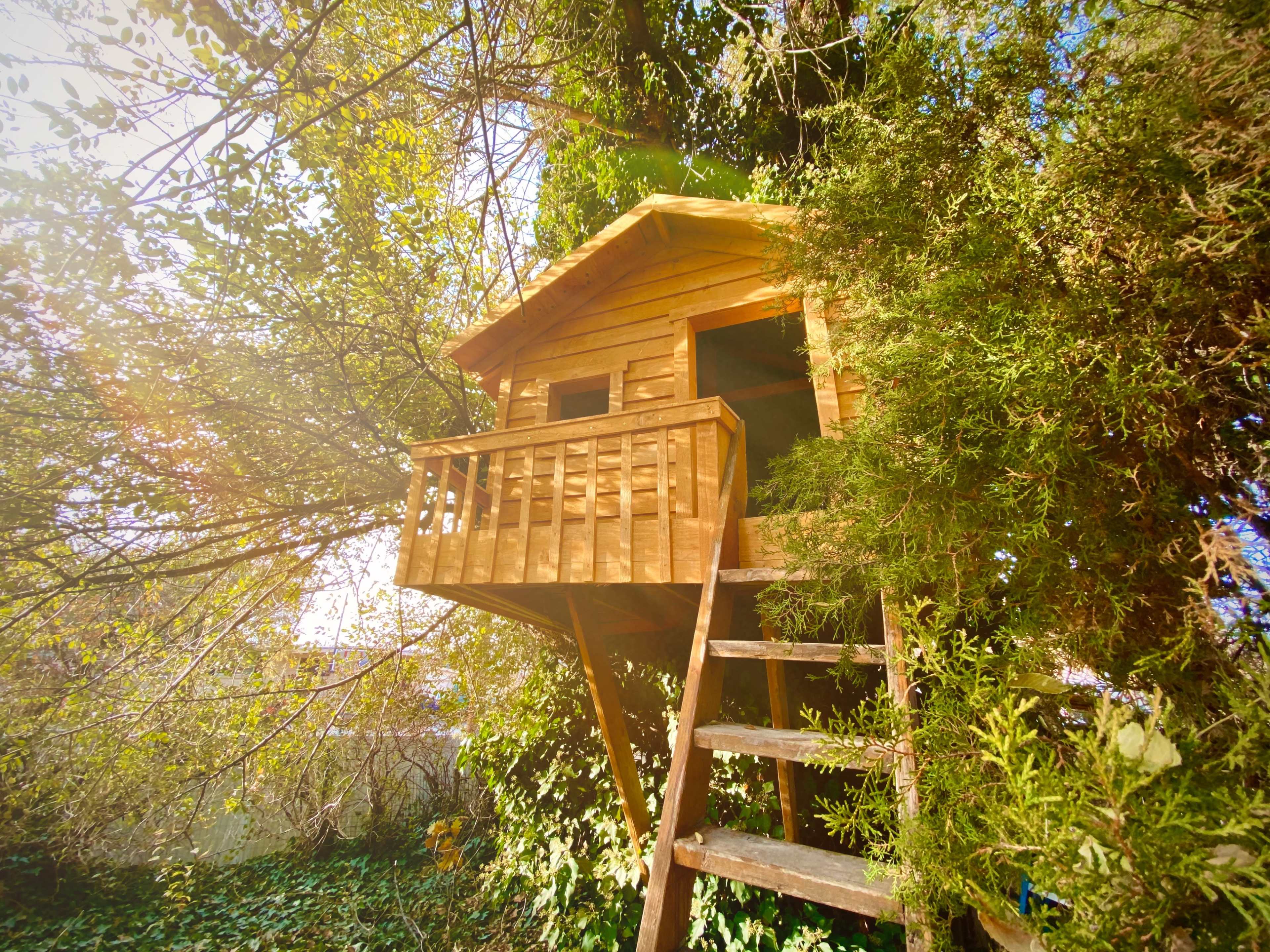 A wooden treehouse with a balcony is nestled among trees and foliage.