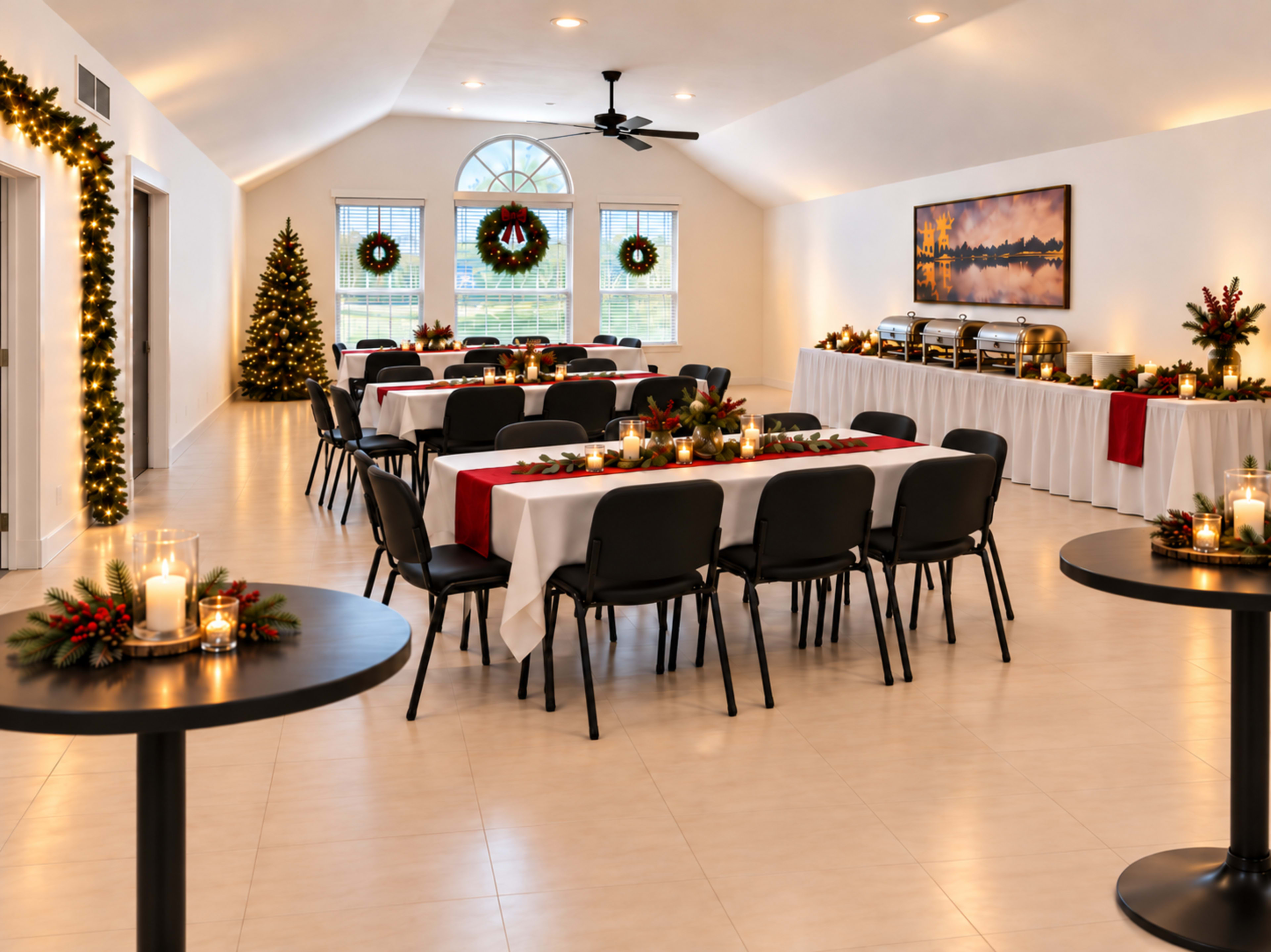 The image shows a festive banquet hall set with multiple tables adorned in red and white linens, surrounded by holiday decorations including wreaths, a Christmas tree, and a buffet table.