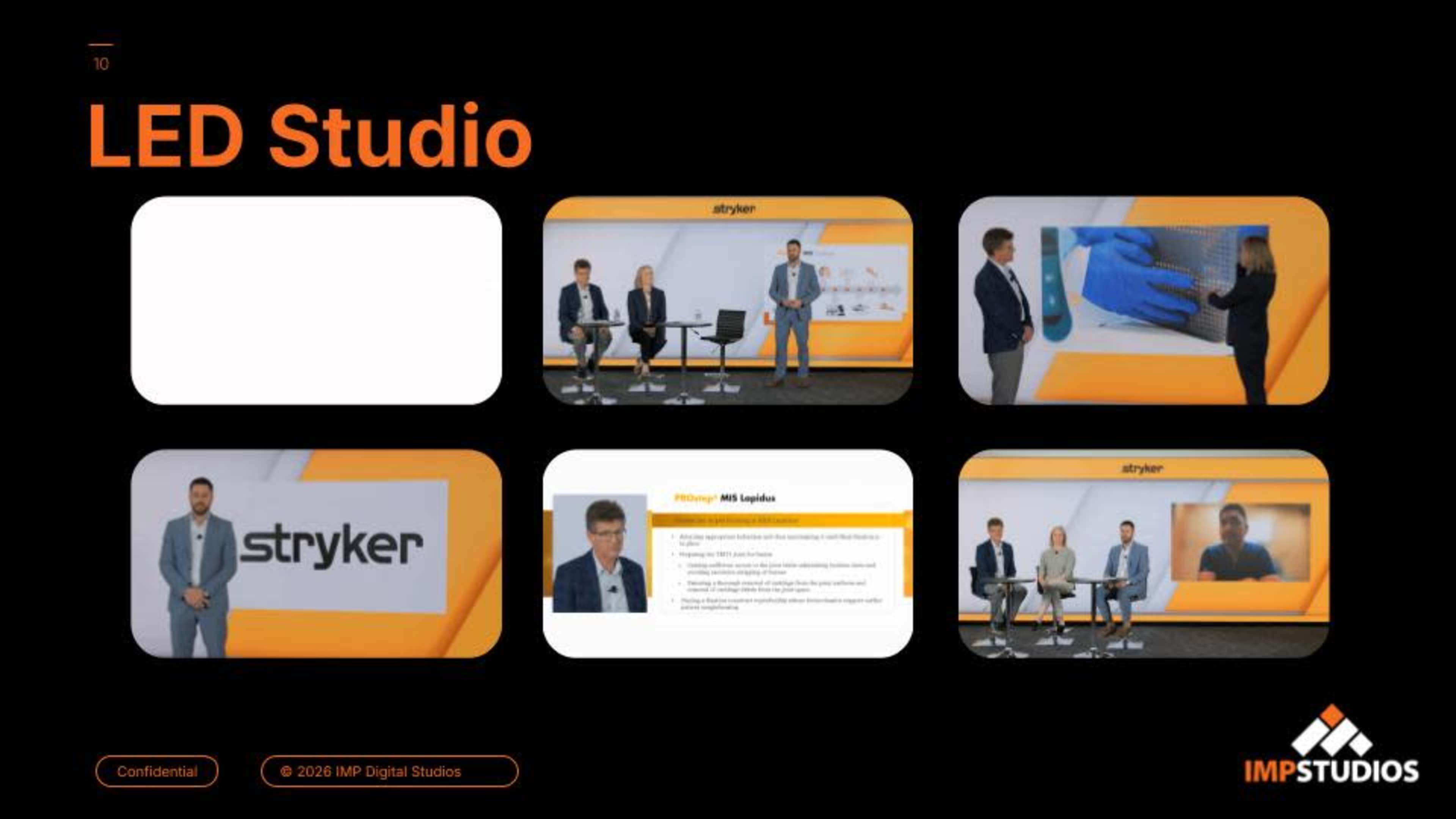 The image displays a collage of scenes from an LED studio presentation featuring a panel discussion and visual presentations on a large screen.
