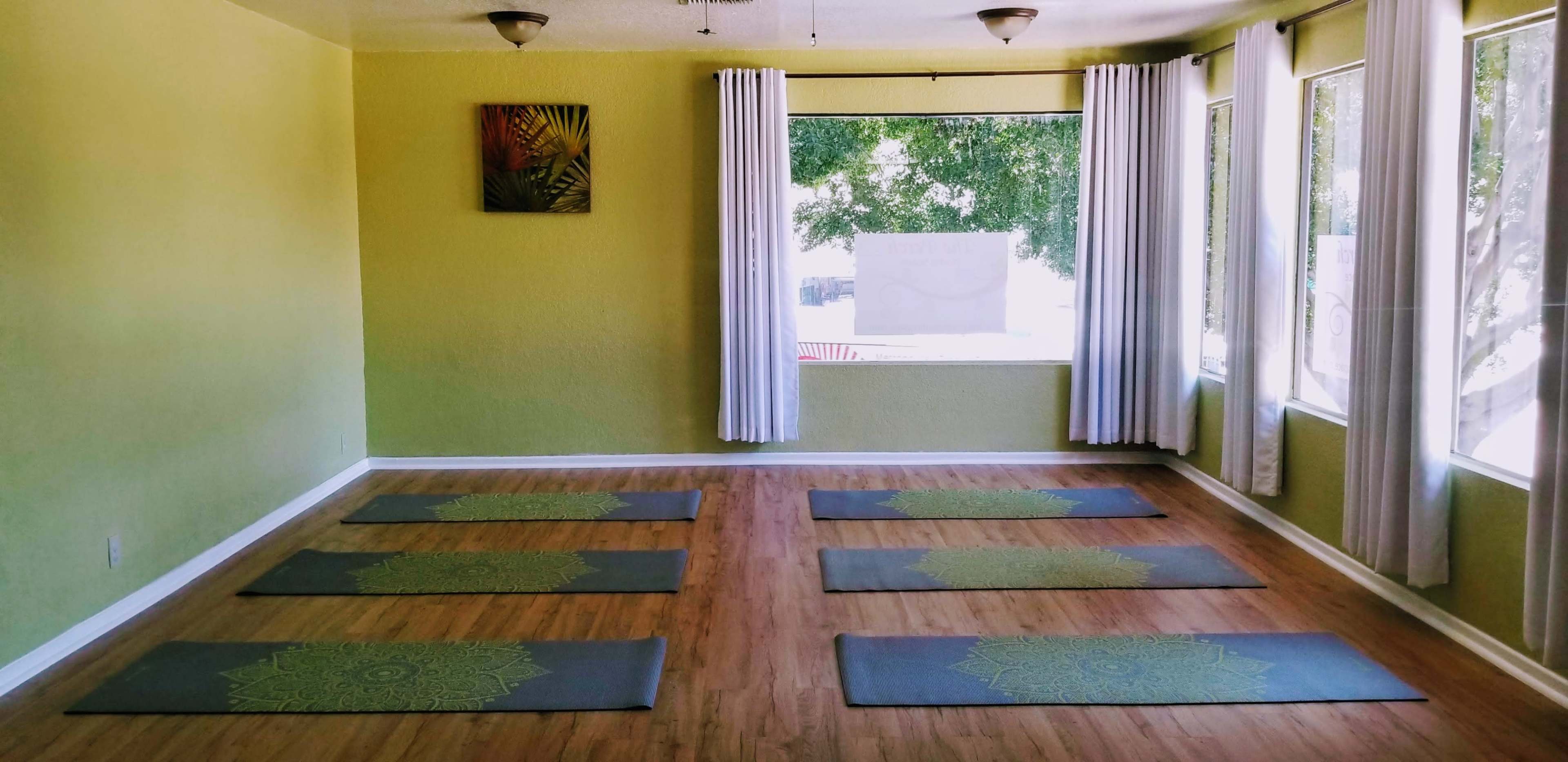 A yoga studio with green walls, wooden flooring, and six yoga mats arranged neatly on the floor near large windows.