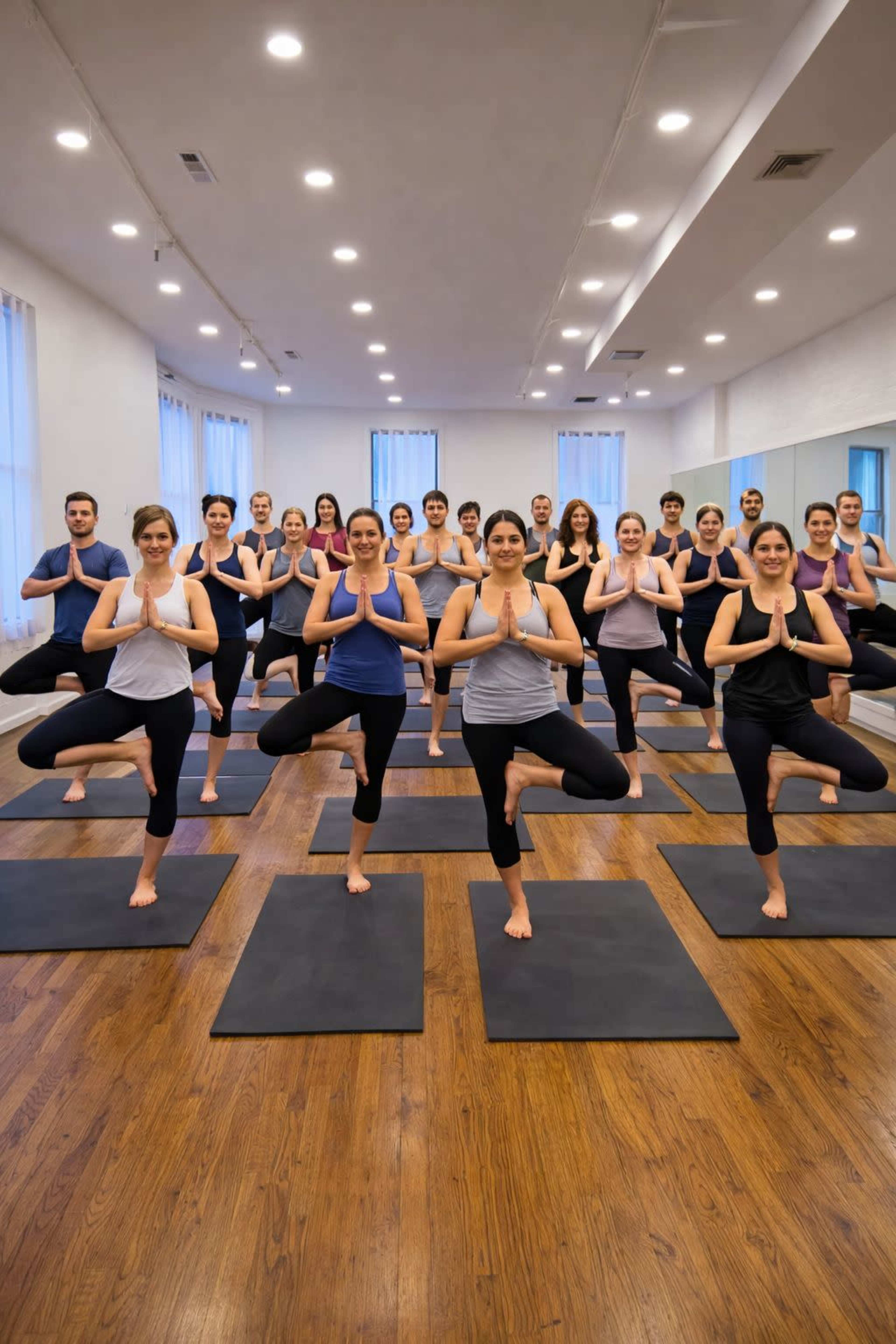 A large group of people is practicing yoga in a studio, standing on mats with one leg raised and hands in a prayer position.