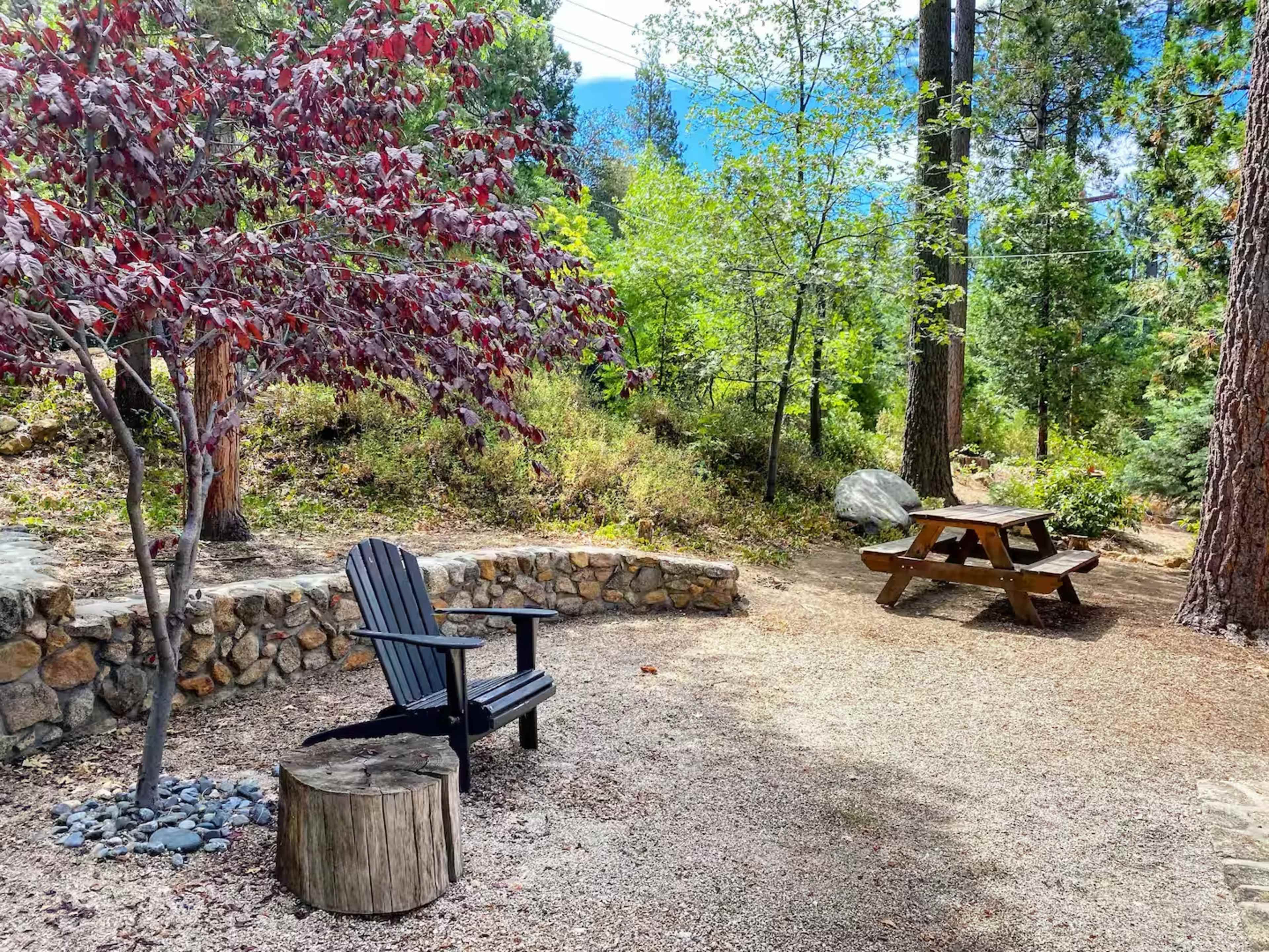 The image shows a tranquil outdoor space with a stone wall, a wooden picnic table, and a black chair next to a small tree.