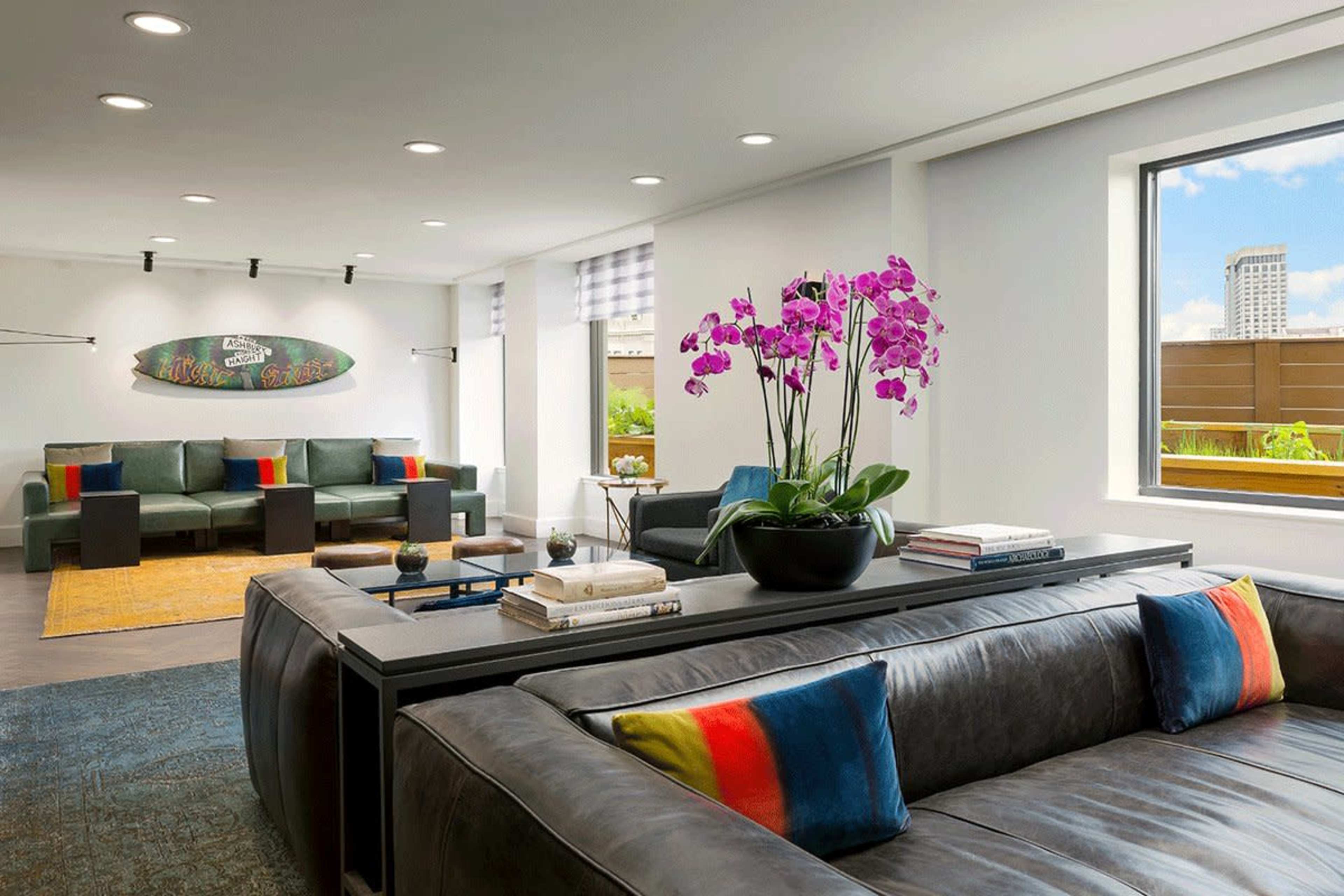 The image shows a modern living room with a dark leather sofa, colorful cushions, a central table decorated with books, and a large vase of purple orchids, all illuminated by natural light from a window.