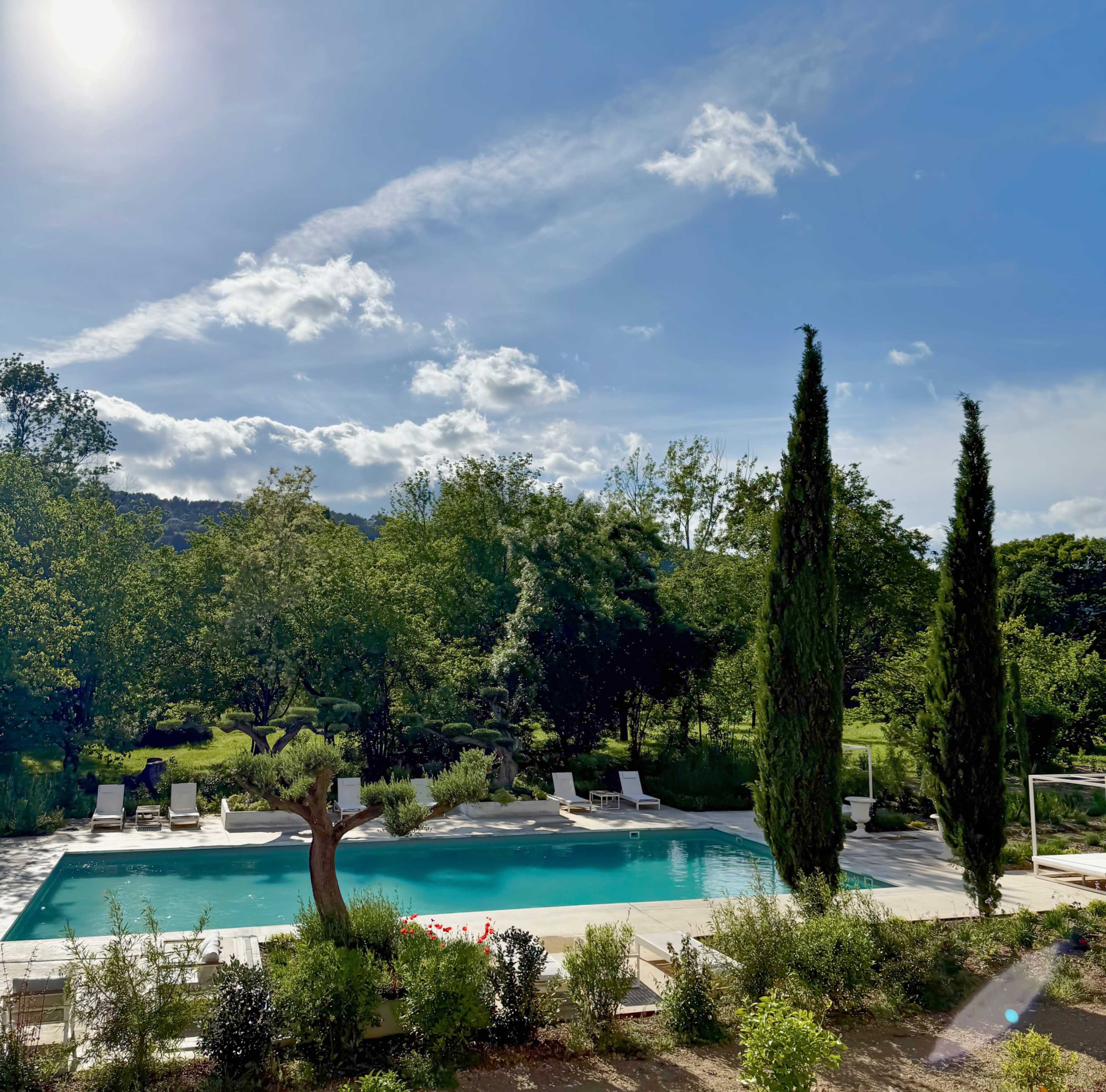A sparkling swimming pool is surrounded by lush greenery and tall trees under a blue sky.