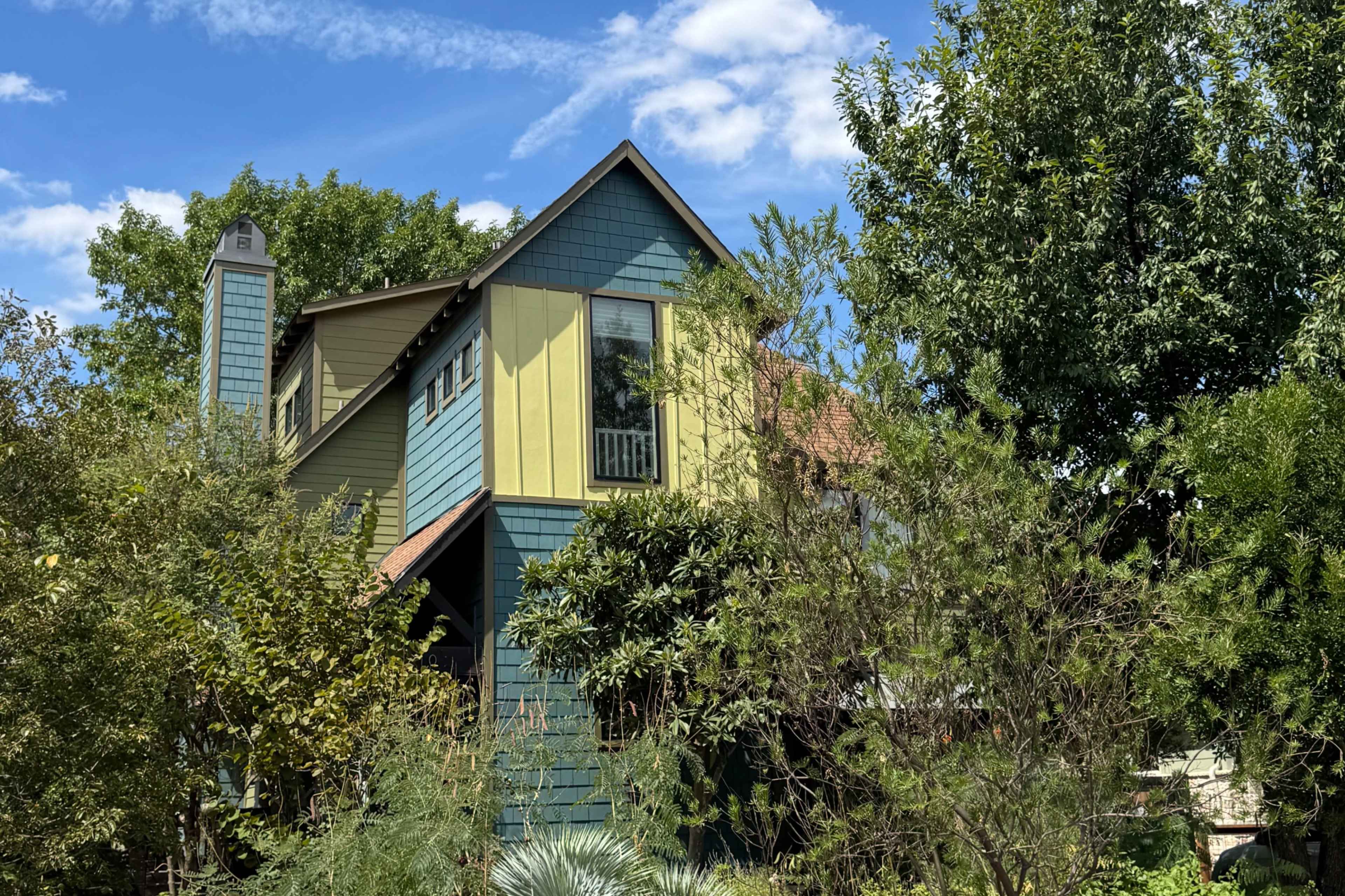 A colorful house is partially hidden among lush greenery and trees under a blue sky.