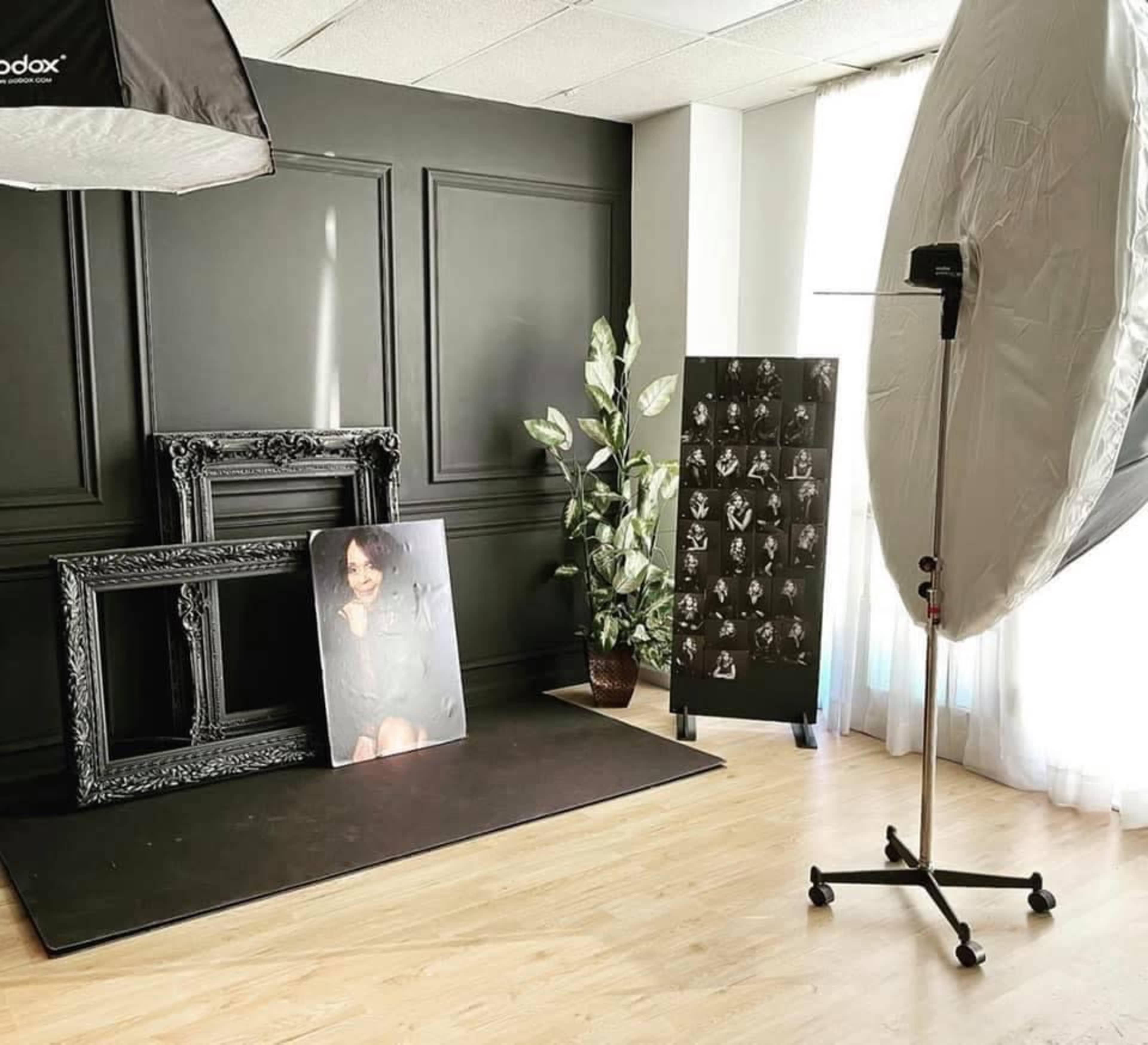 The image shows a photography studio setup featuring a large portrait, decorative frames, a plant, and a backdrop with multiple portraits displayed.