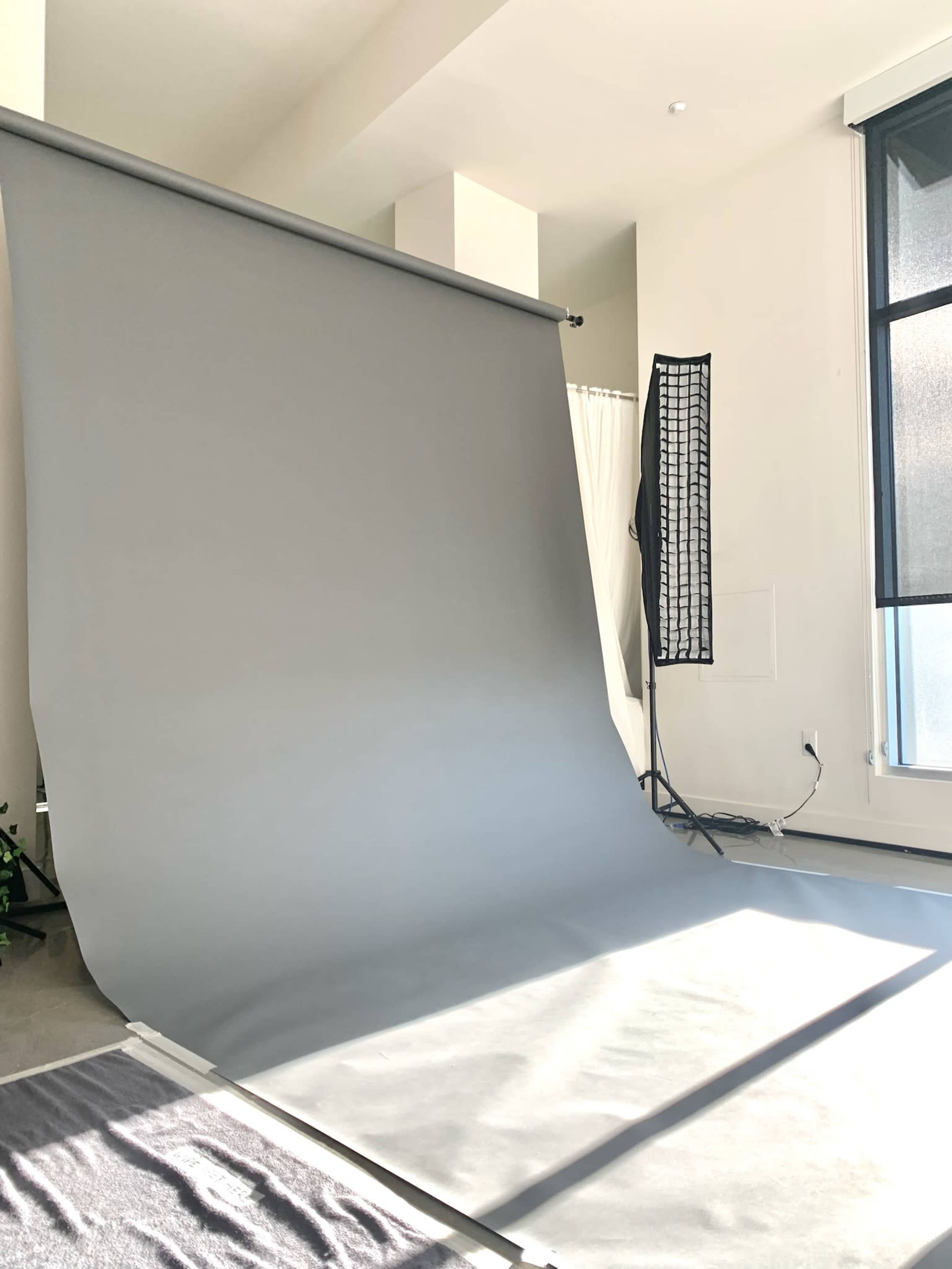 The image shows a photography studio with a gray backdrop, soft flooring, and a light source on the side.