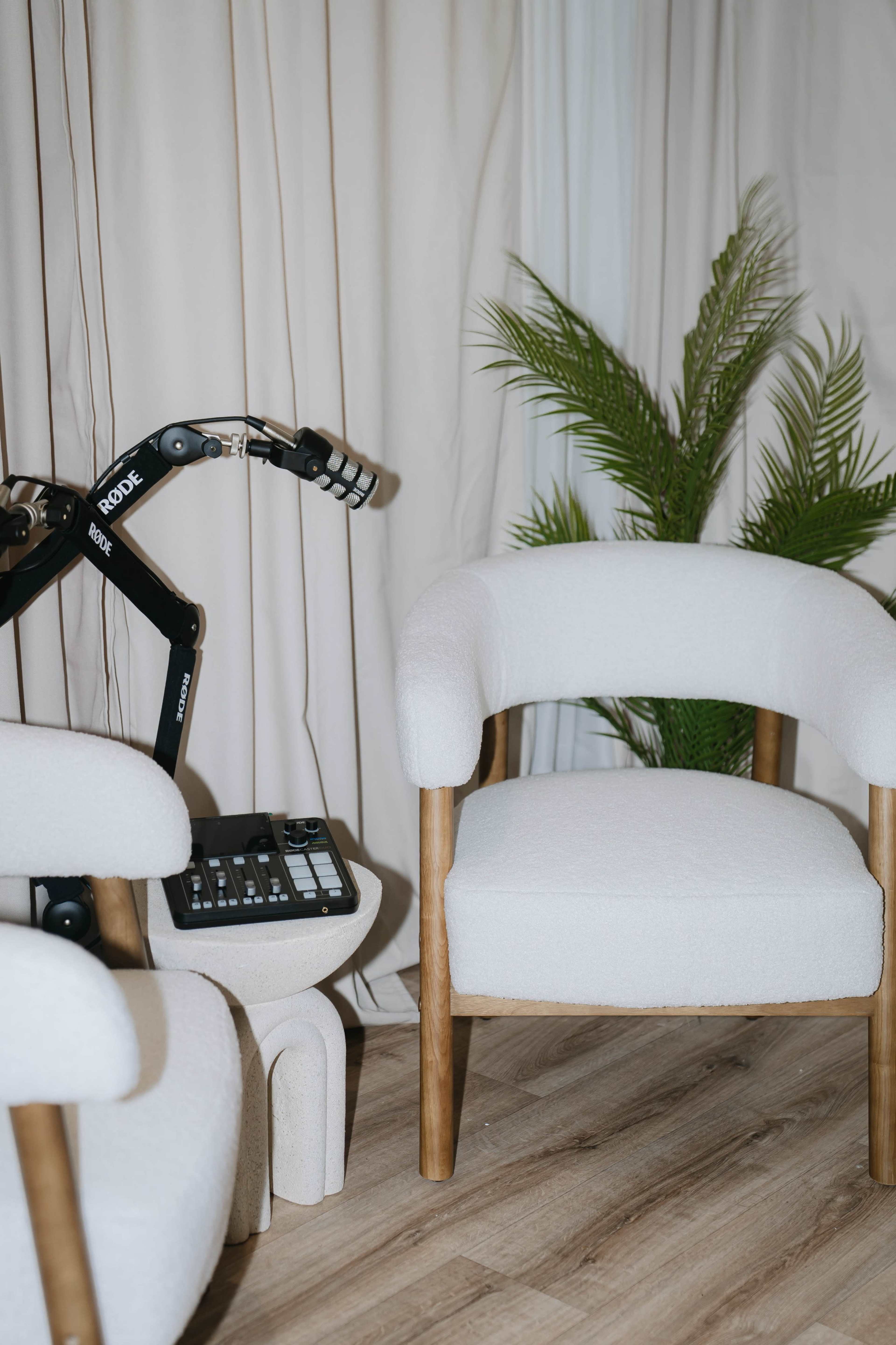 The image shows two light-colored chairs next to a small table adorned with a microphone setup and a potted plant in the background.