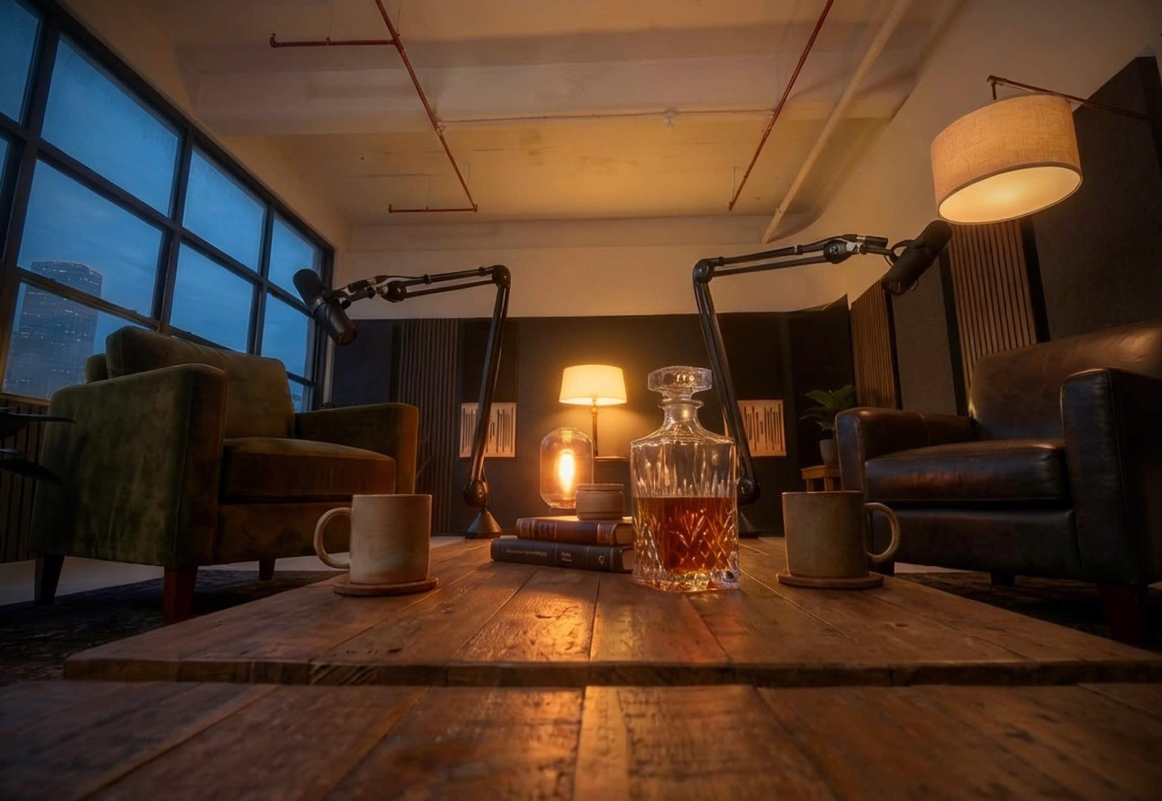 The image shows a cozy studio setting with two armchairs, a coffee table featuring a decanter and glasses, and two microphones positioned for recording.