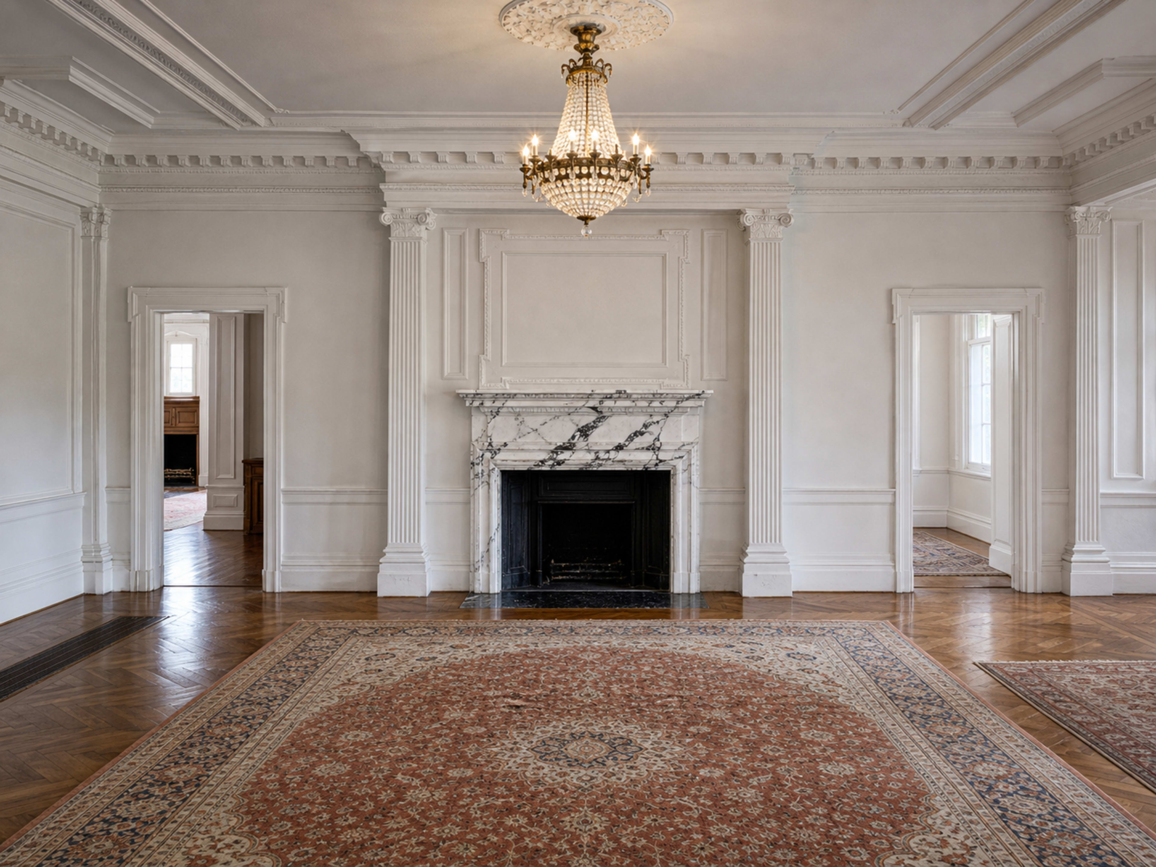 The image depicts an elegantly spacious room with a marble fireplace, ornate chandelier, and a large area rug on polished wooden flooring.