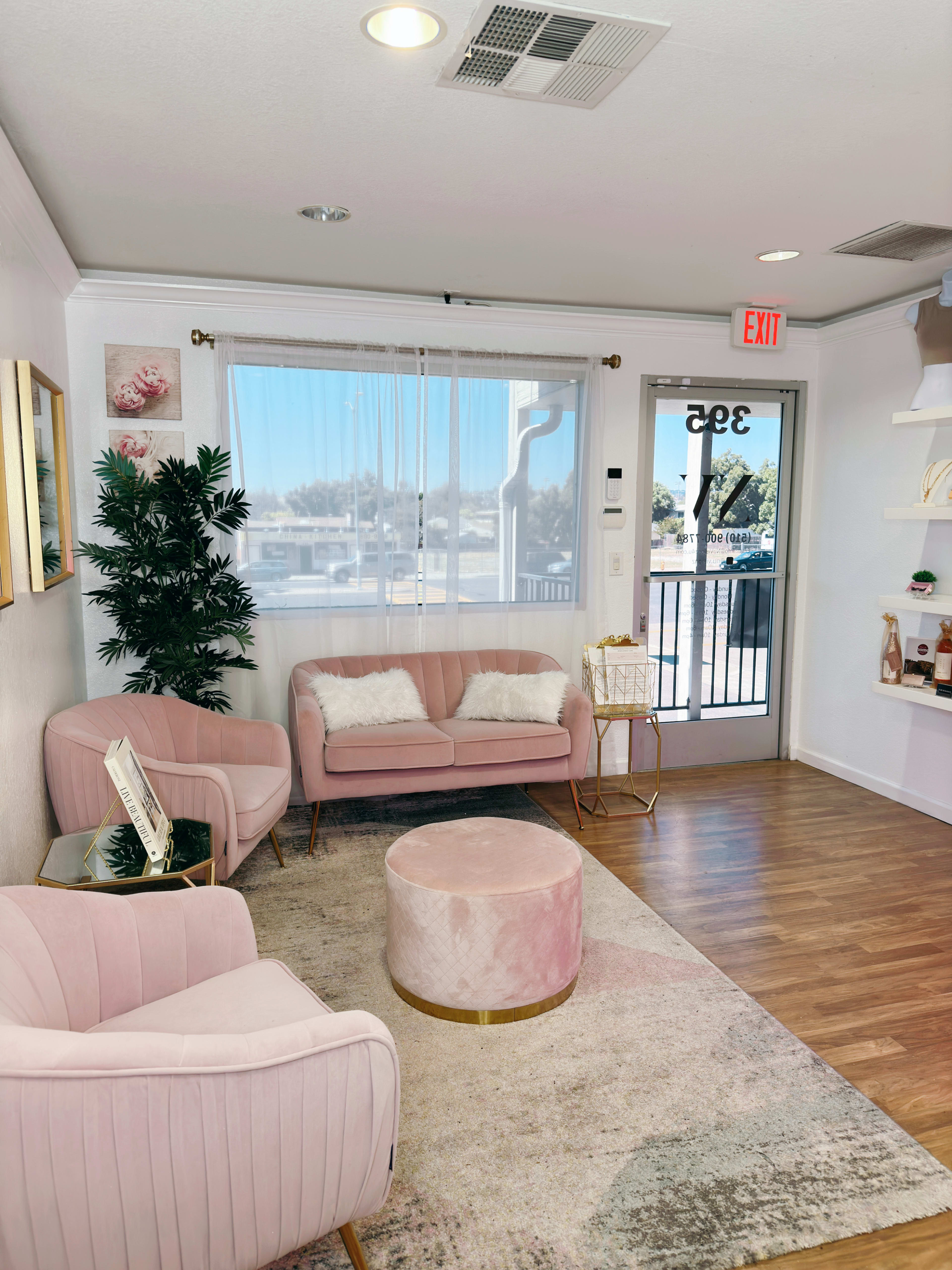 A well-appointed waiting area featuring pink upholstered chairs, a round ottoman, and a large window with natural light.